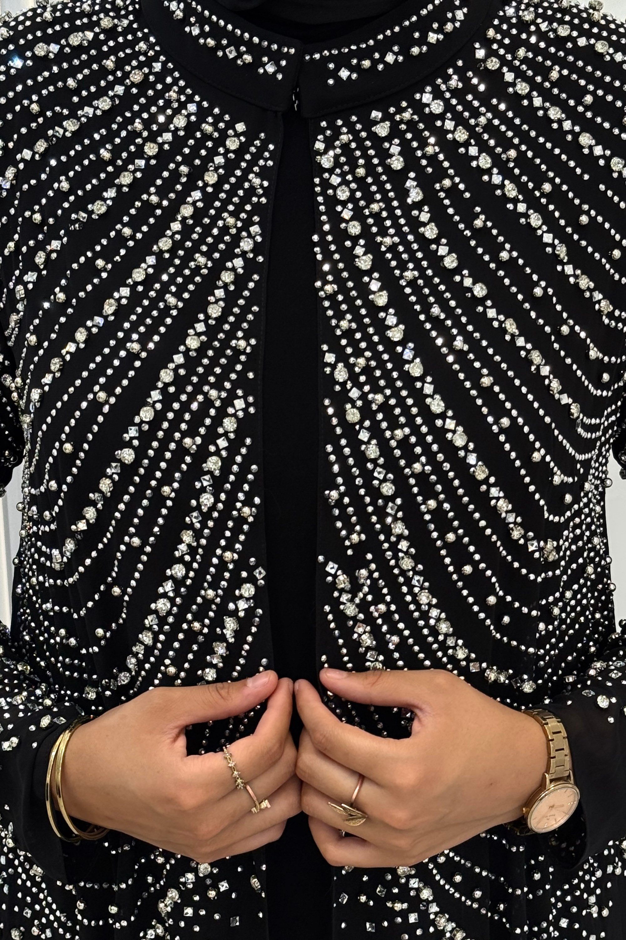 Büyük Beden Kristal Taş İşlemeli Abaya Takım Siyah OTW804