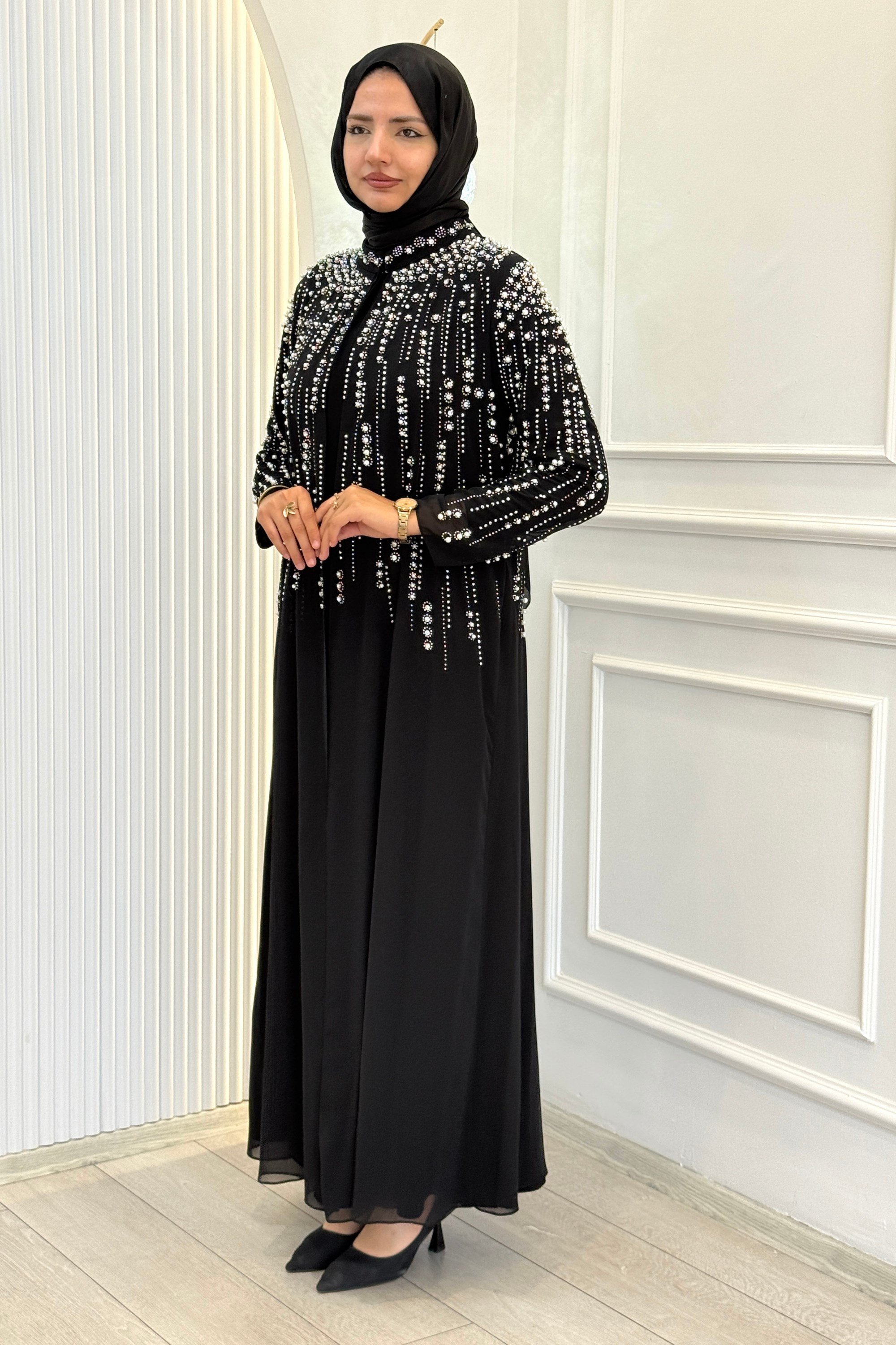 Büyük Beden Kristal Taş İşlemeli Abaya Takım Siyah OTW703
