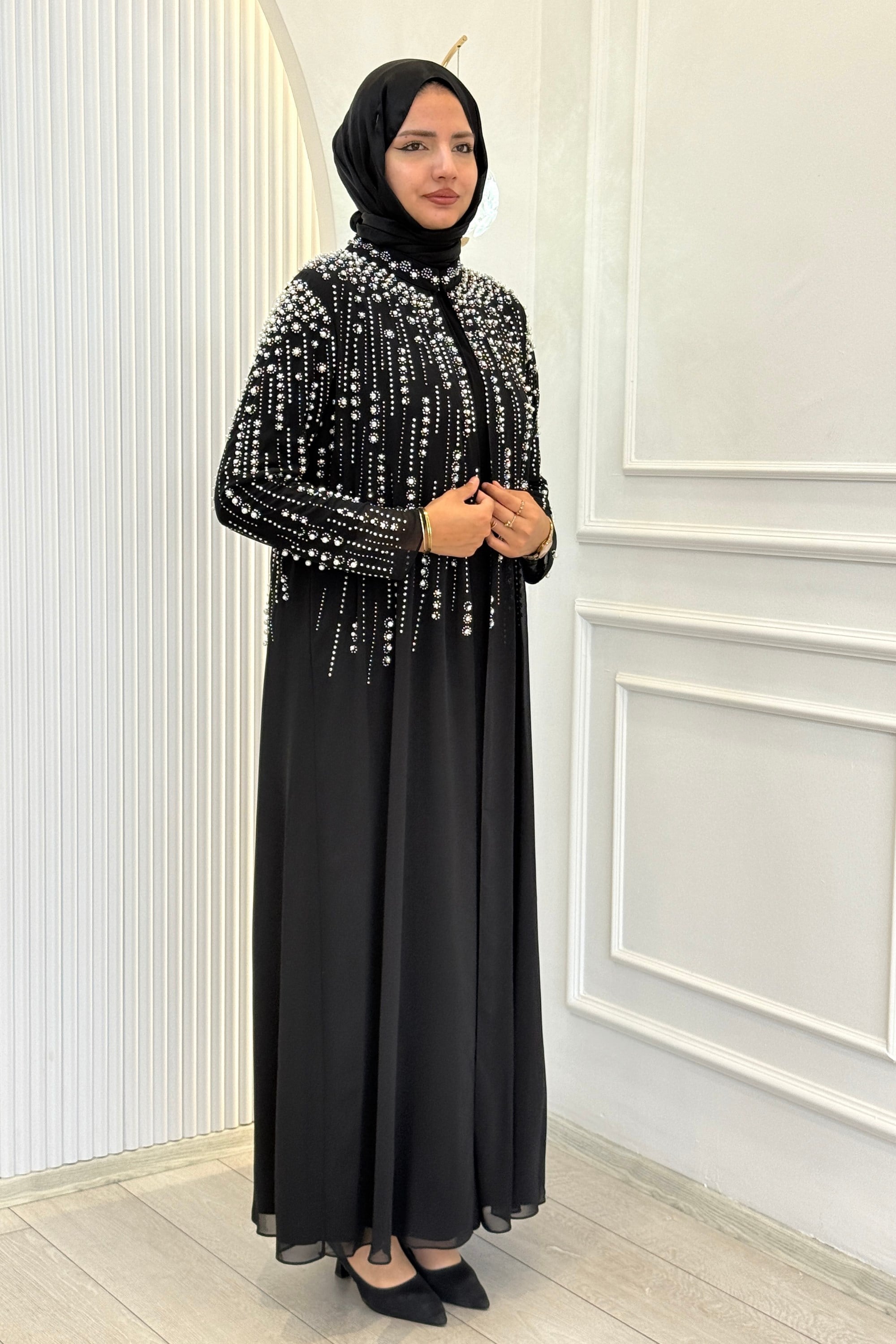 Büyük Beden Kristal Taş İşlemeli Abaya Takım Siyah OTW703