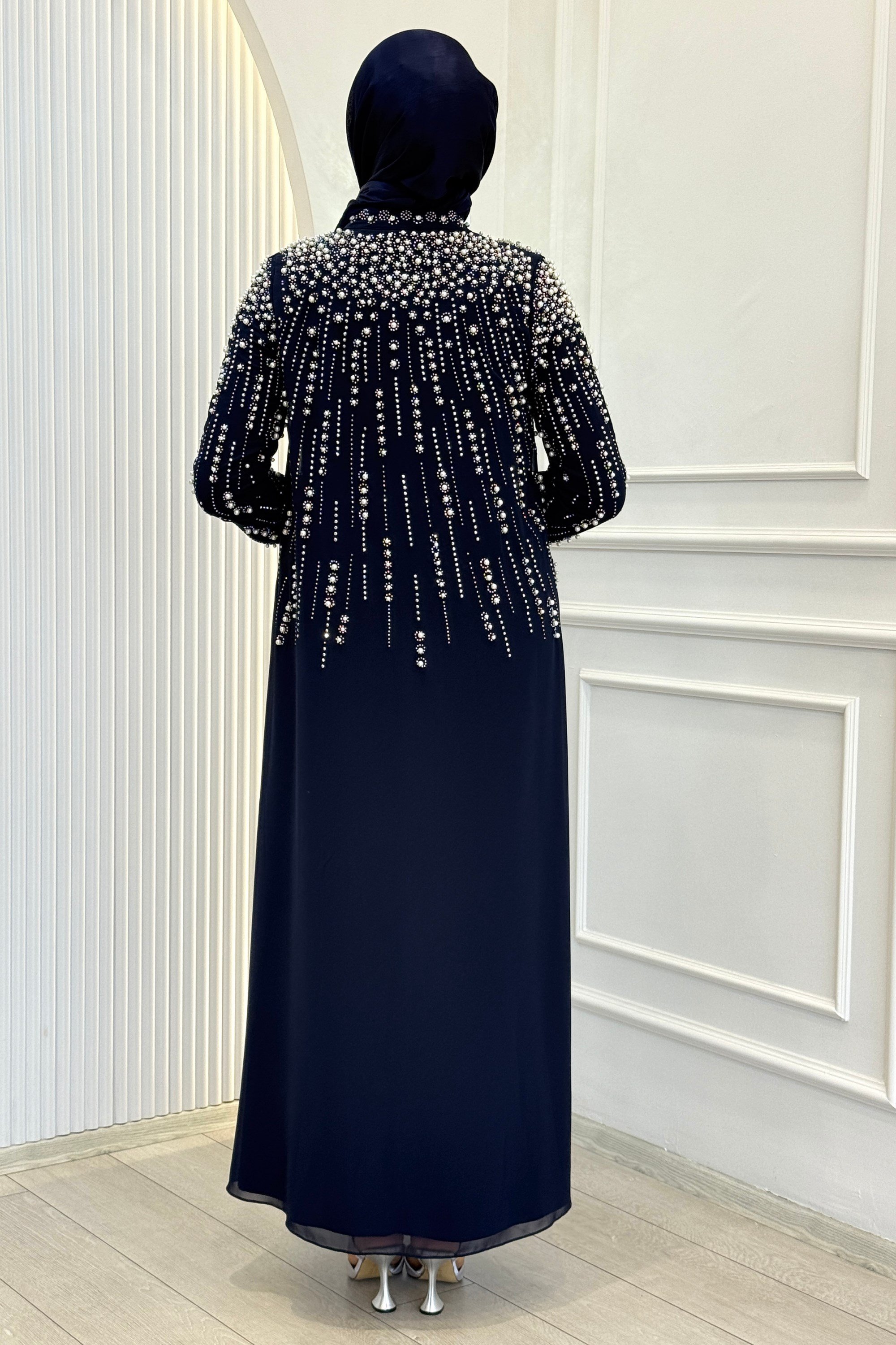 Büyük Beden Kristal Taş İşlemeli Abaya Takım Lacivert OTW703
