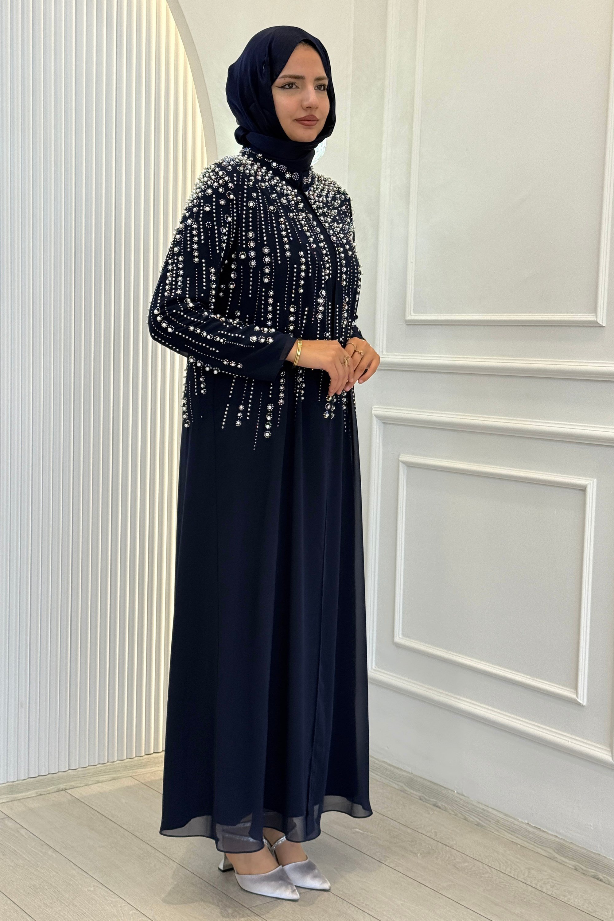 Büyük Beden Kristal Taş İşlemeli Abaya Takım Lacivert OTW703