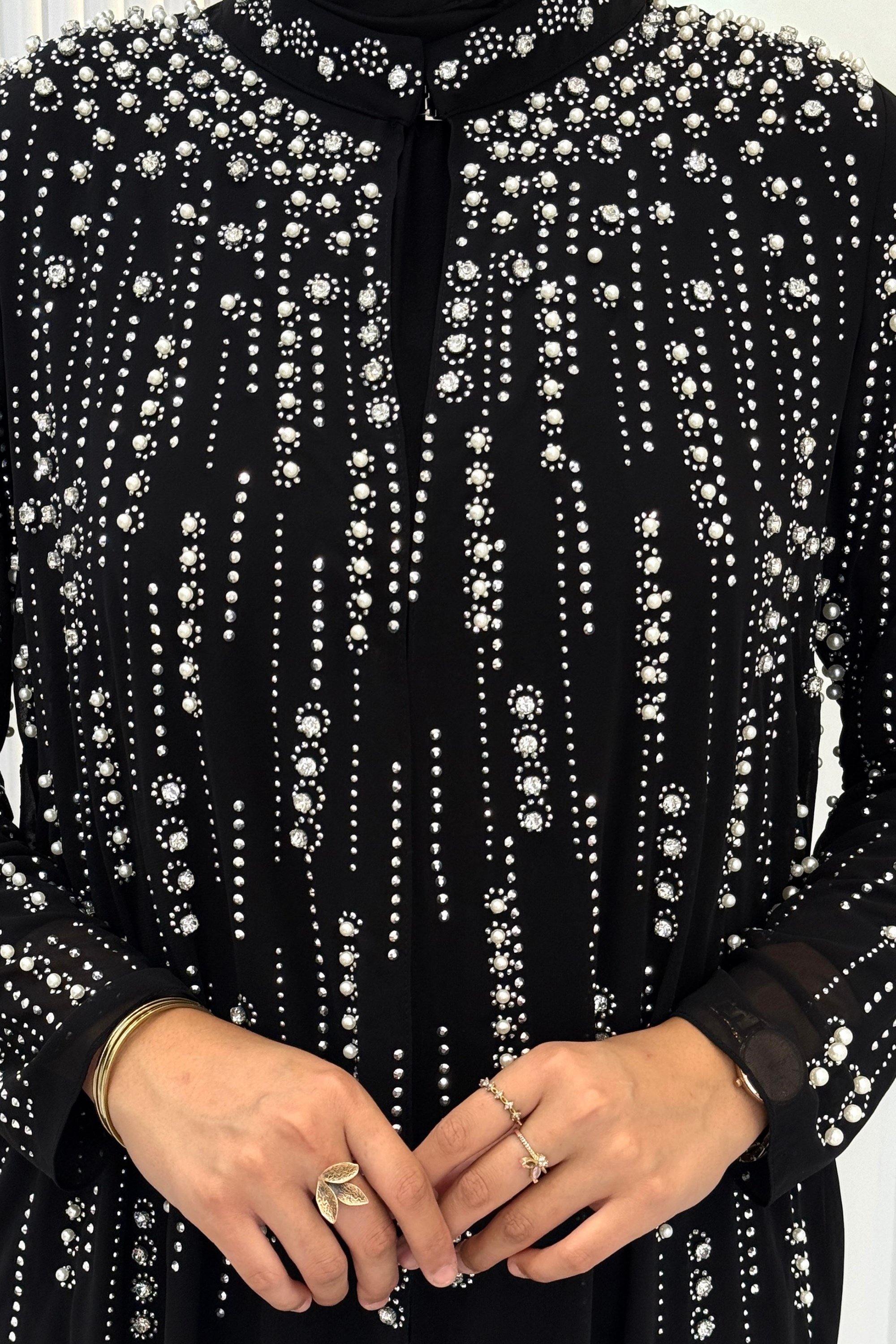 Büyük Beden Kristal Taş İşlemeli Abaya Takım Siyah OTW703