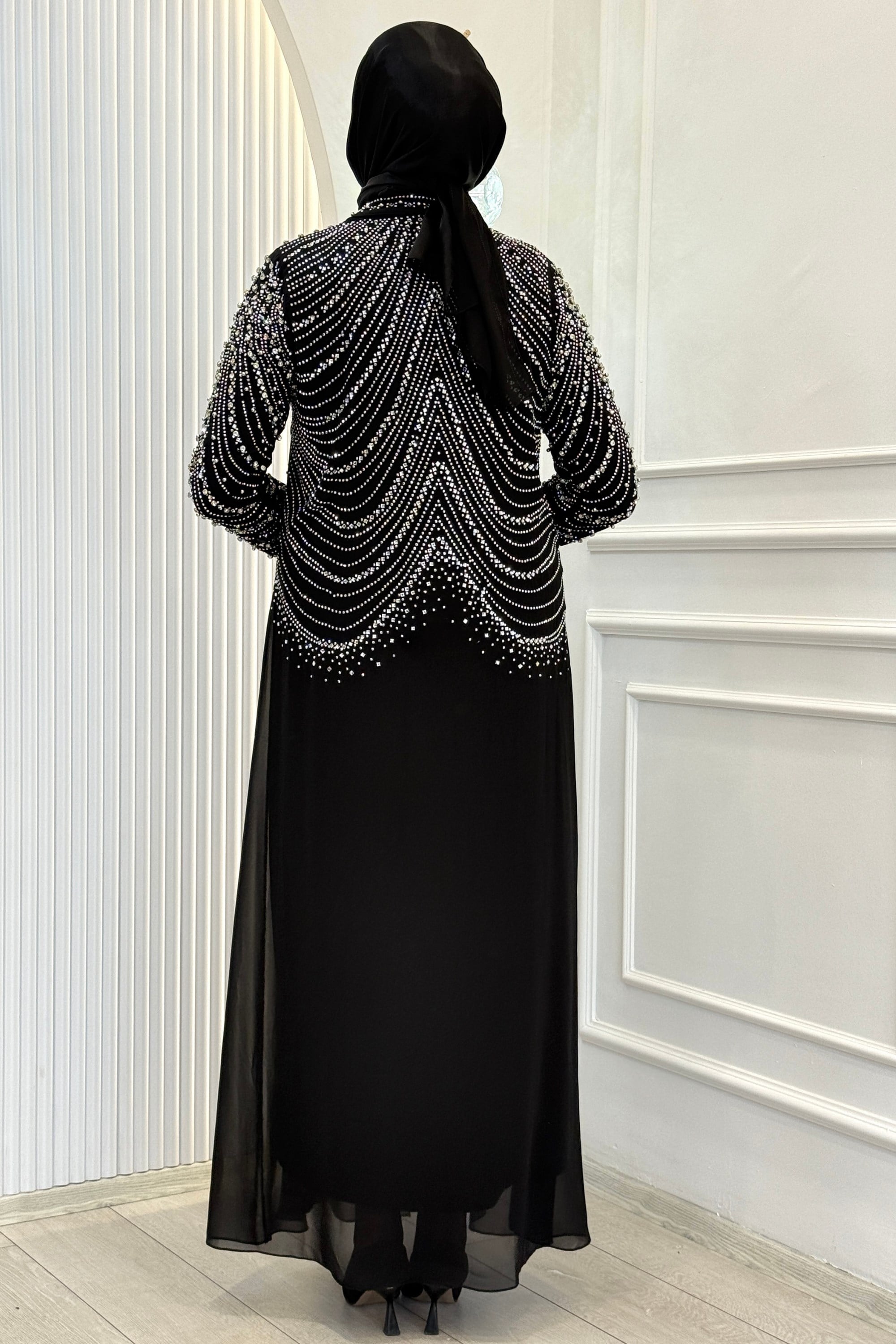 Büyük Beden Kristal Taş İşlemeli Abaya Takım Siyah OTW804