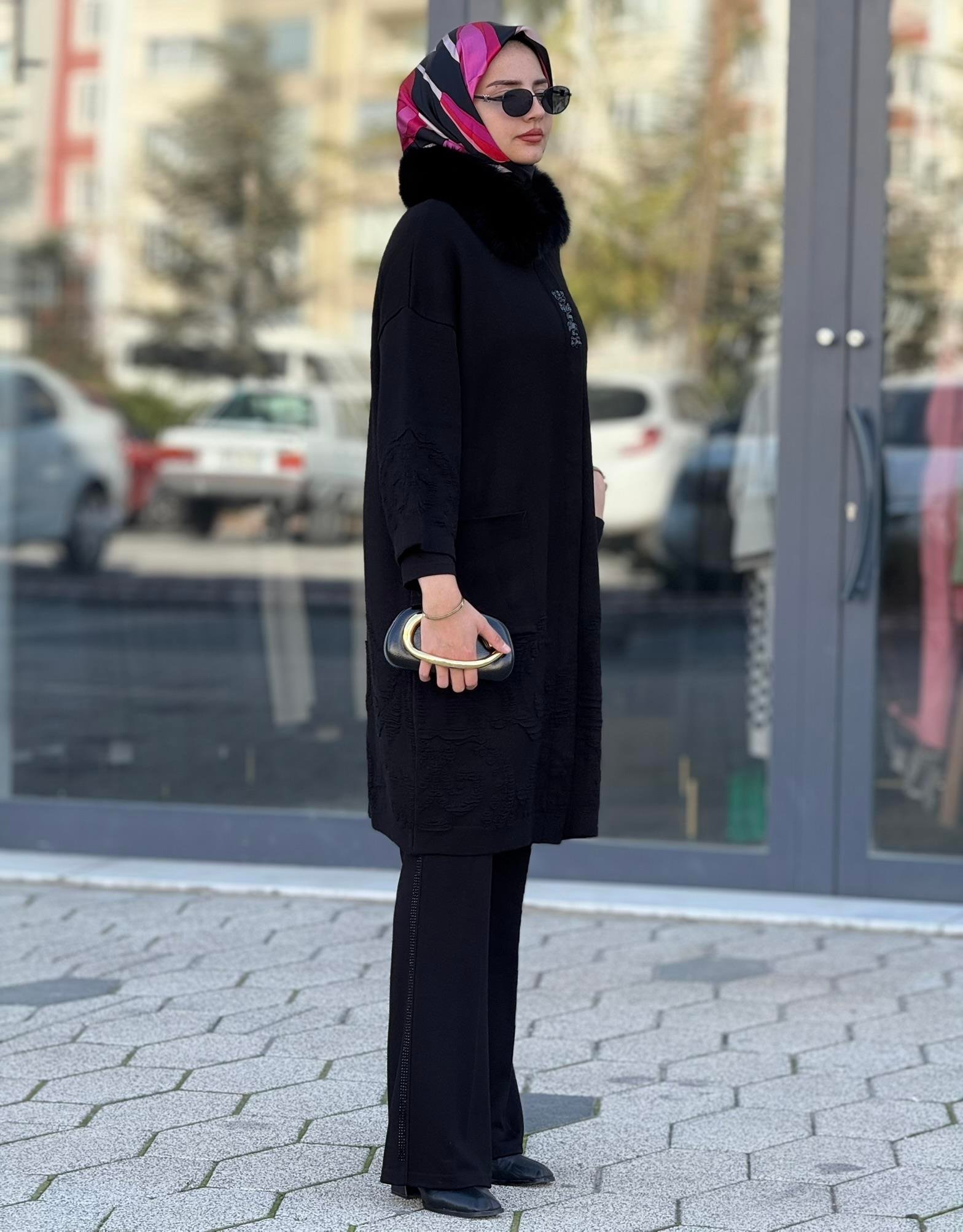 Büyük Beden Kürk Yaka Angora Kaban Siyah OTW13668