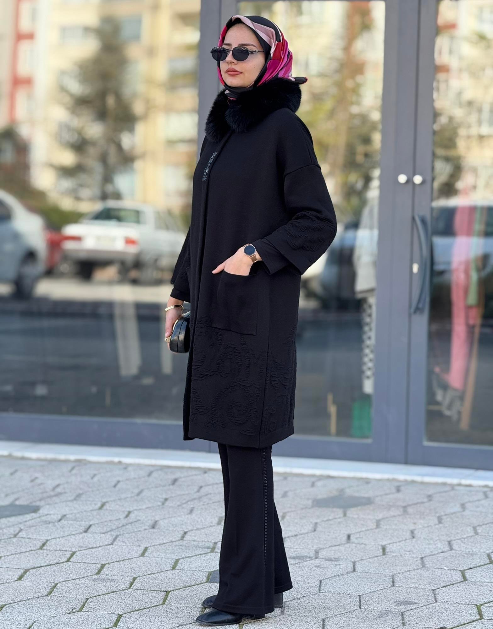 Büyük Beden Kürk Yaka Angora Kaban Siyah OTW13668