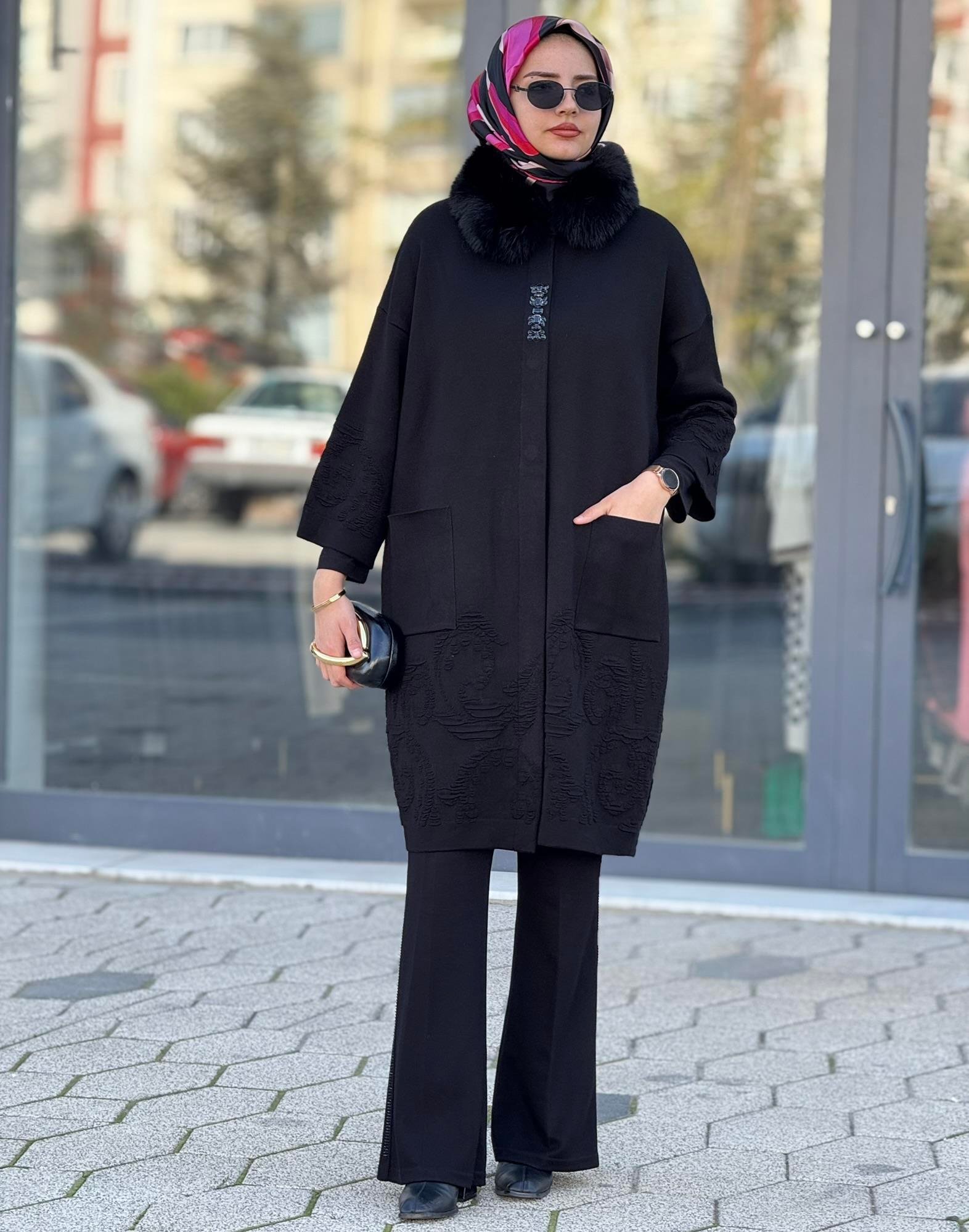 Büyük Beden Kürk Yaka Angora Kaban Siyah OTW13668