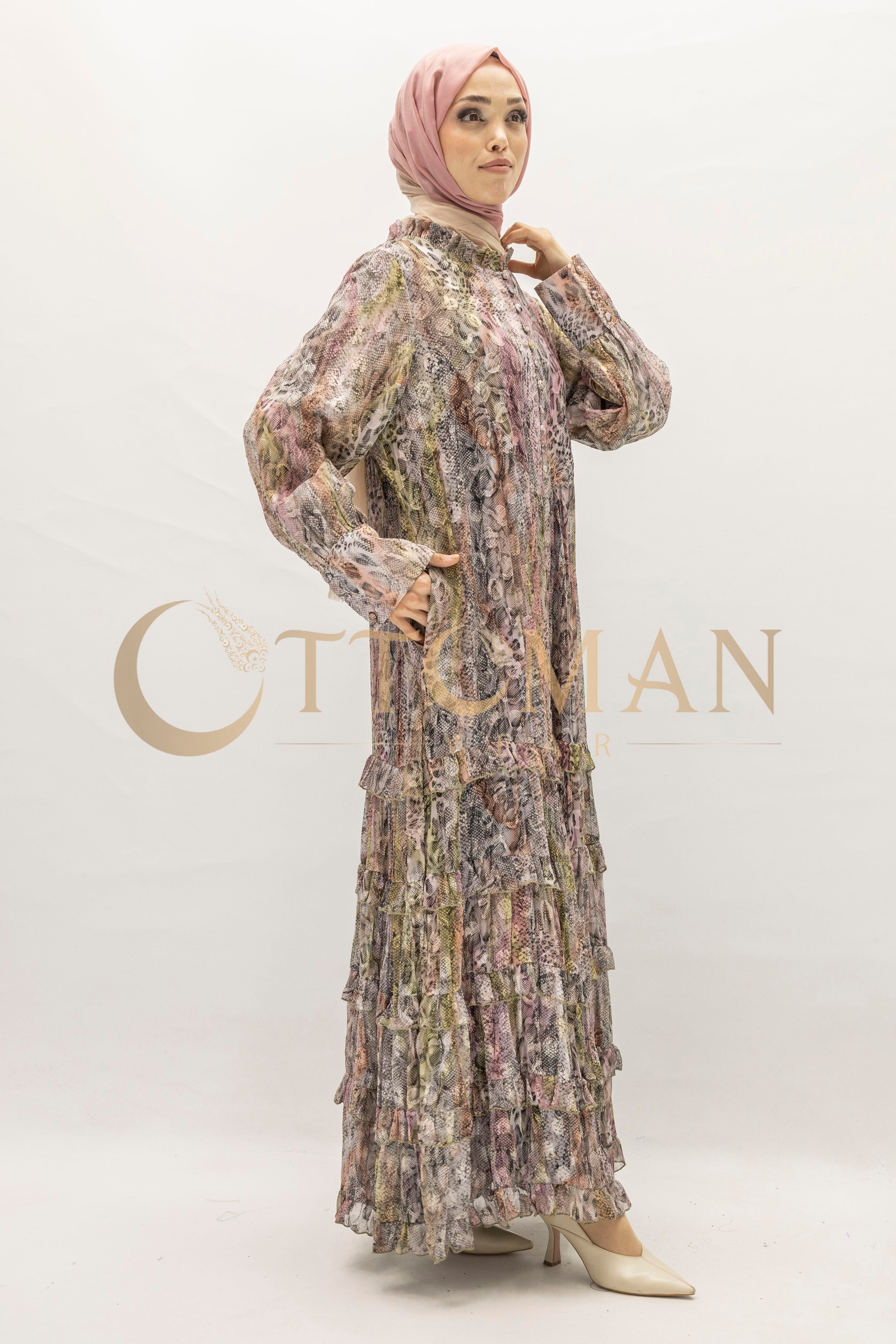 Büyük Beden Leopar Desenli Elbise Pembe OTW5867