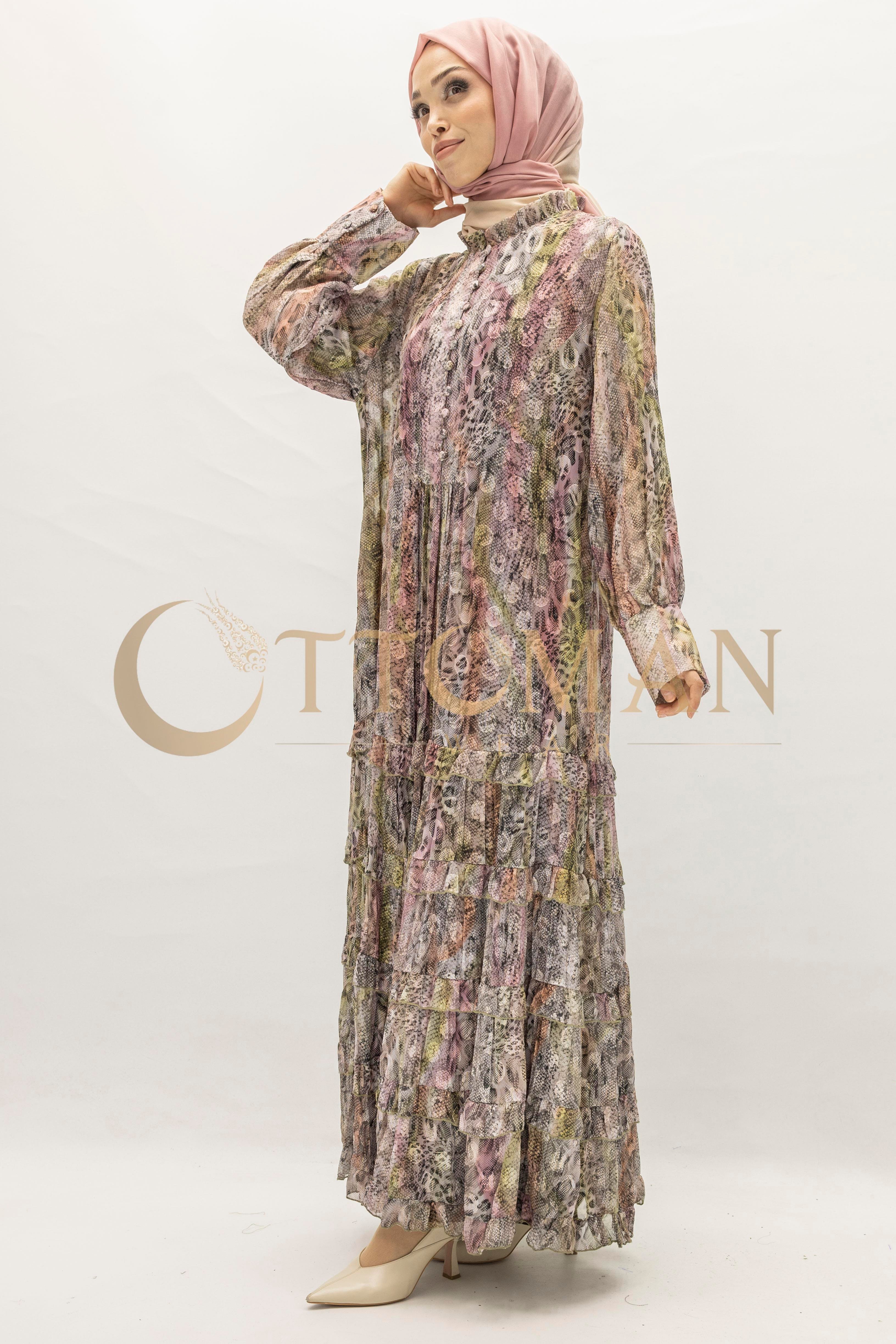 Büyük Beden Leopar Desenli Elbise Pembe OTW5867