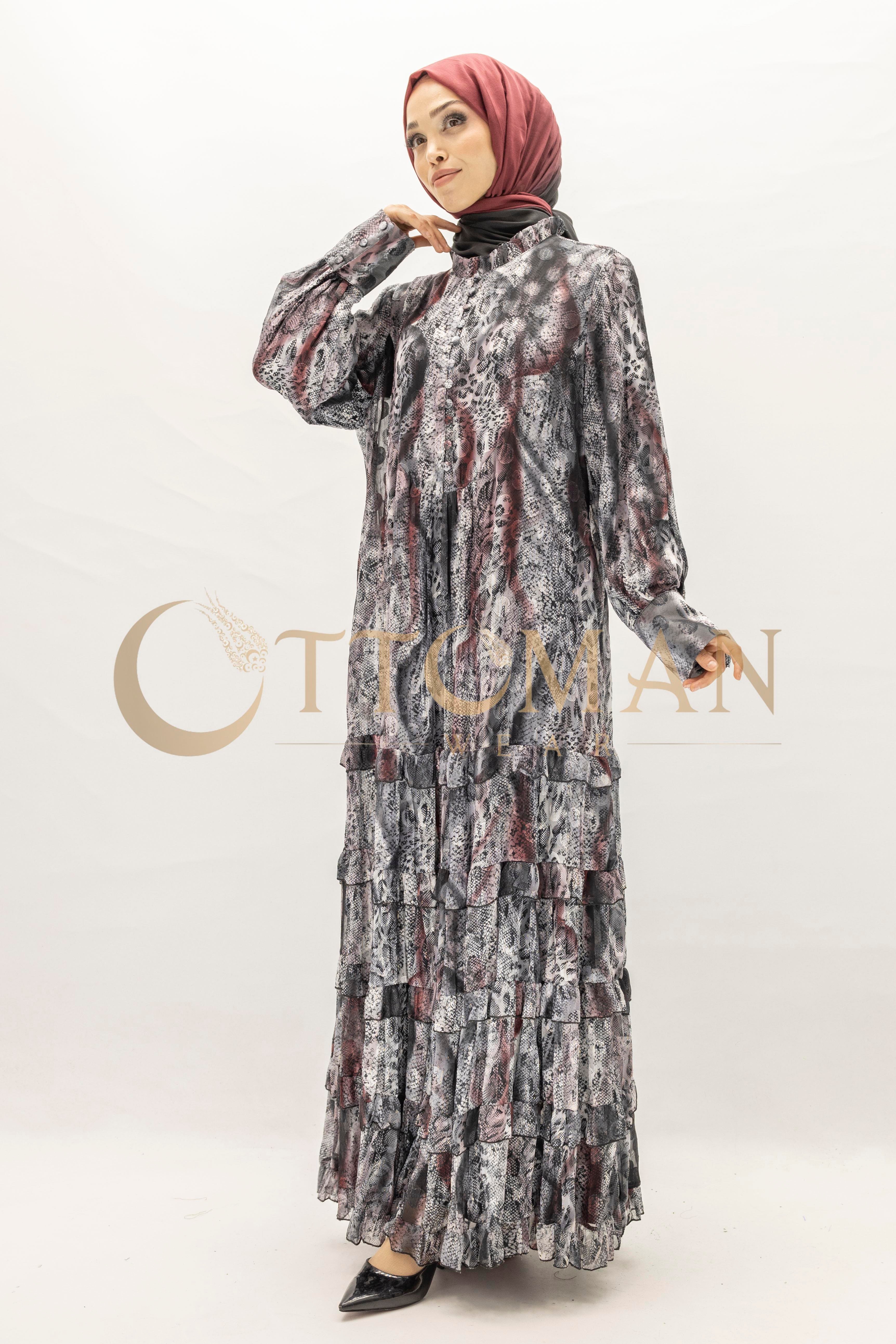 Büyük Beden Leopar Desenli Elbise Siyah OTW5867