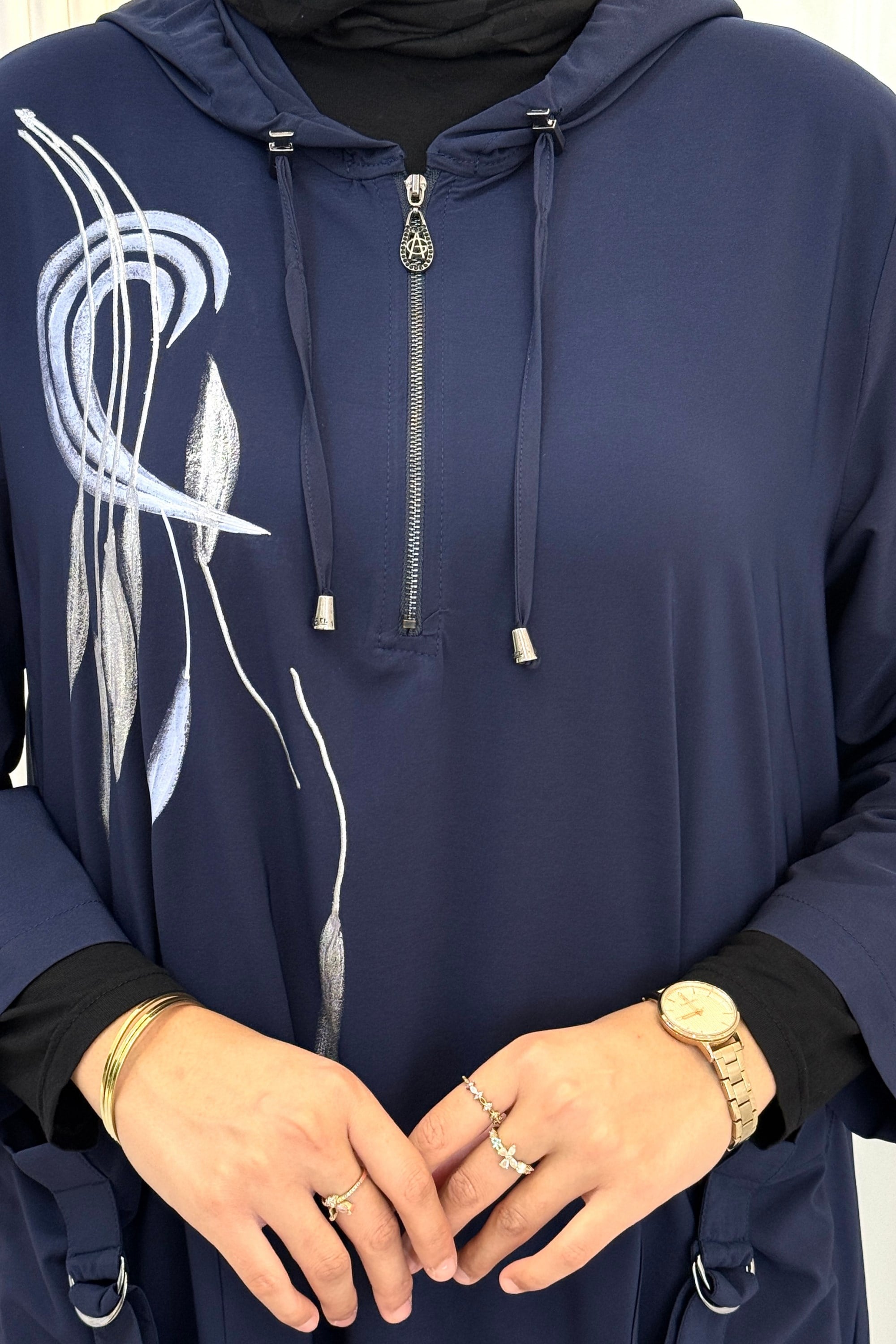 Büyük Beden Nakış Detaylı Kapüşonlu Cotton Tunik Lacivert OTW40238