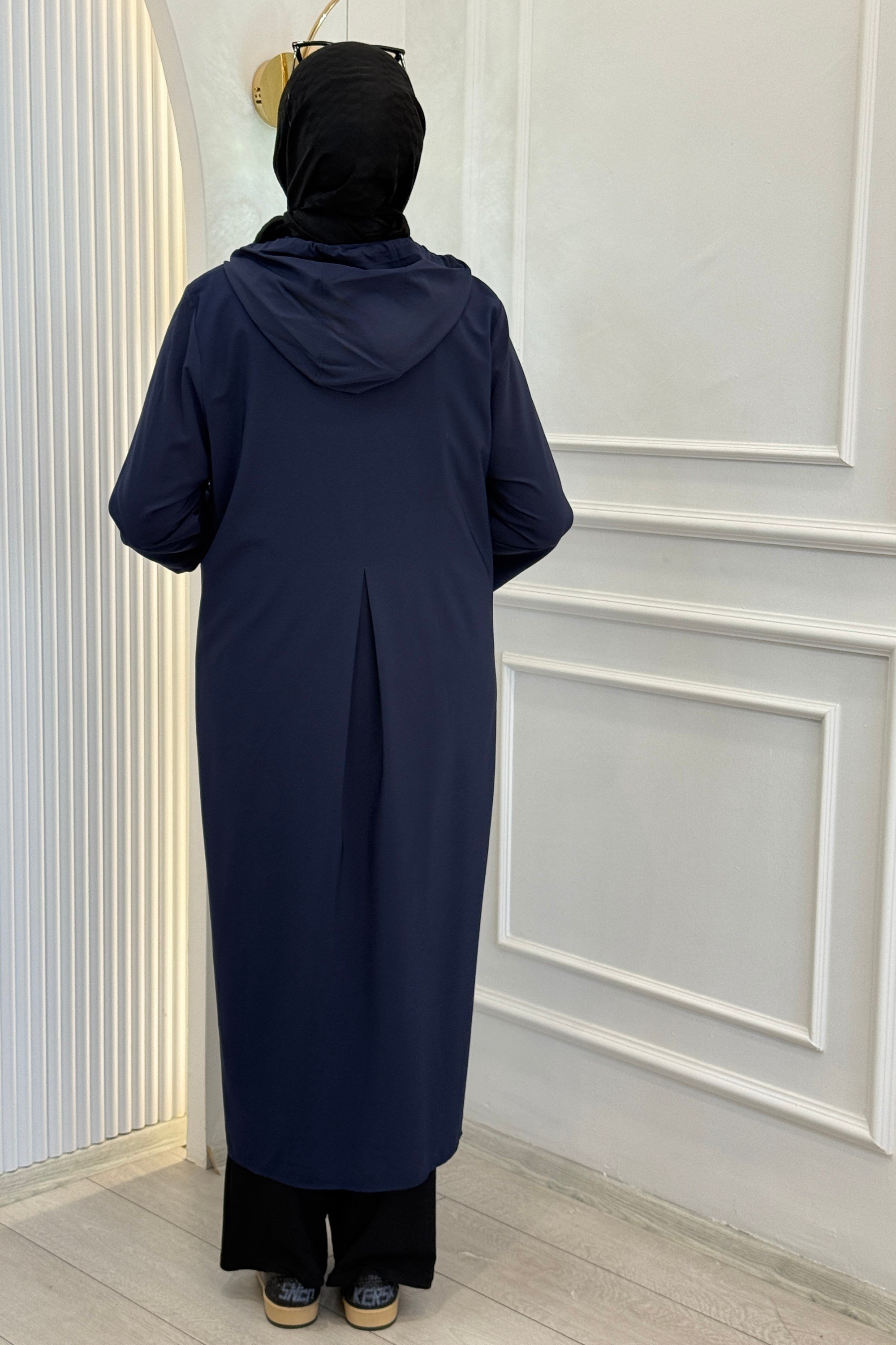 Büyük Beden Nakış Detaylı Kapüşonlu Cotton Tunik Lacivert OTW40238