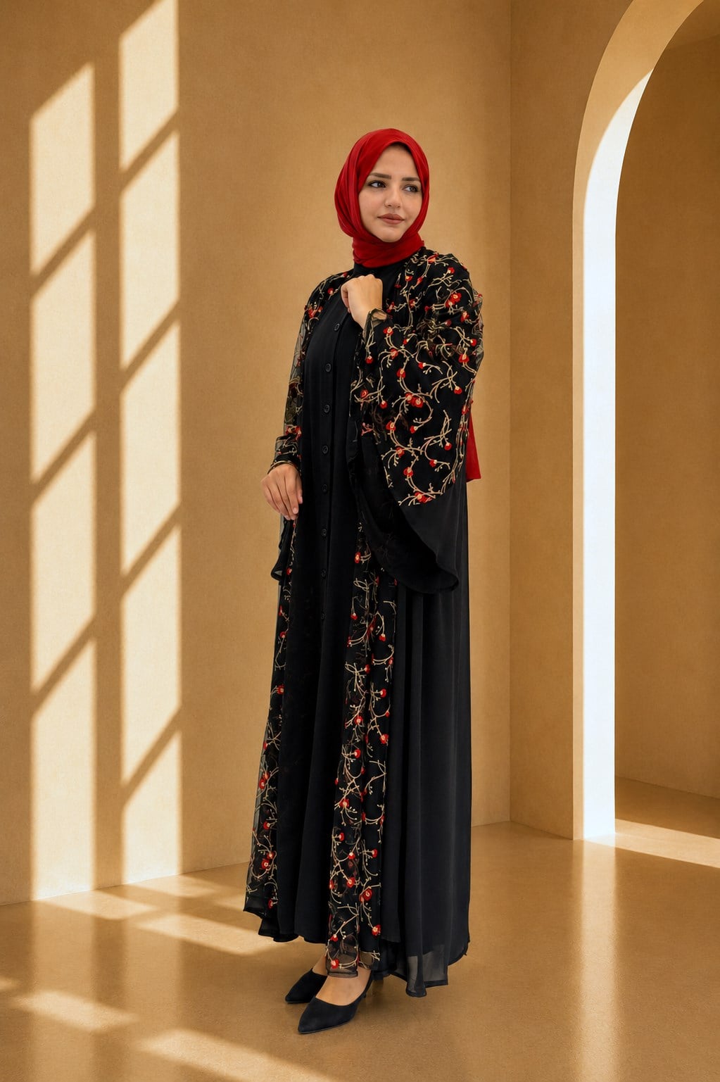 Büyük Beden Nakışlı Şifon Abaya Elbise Siyah-Kırmızı OTW130