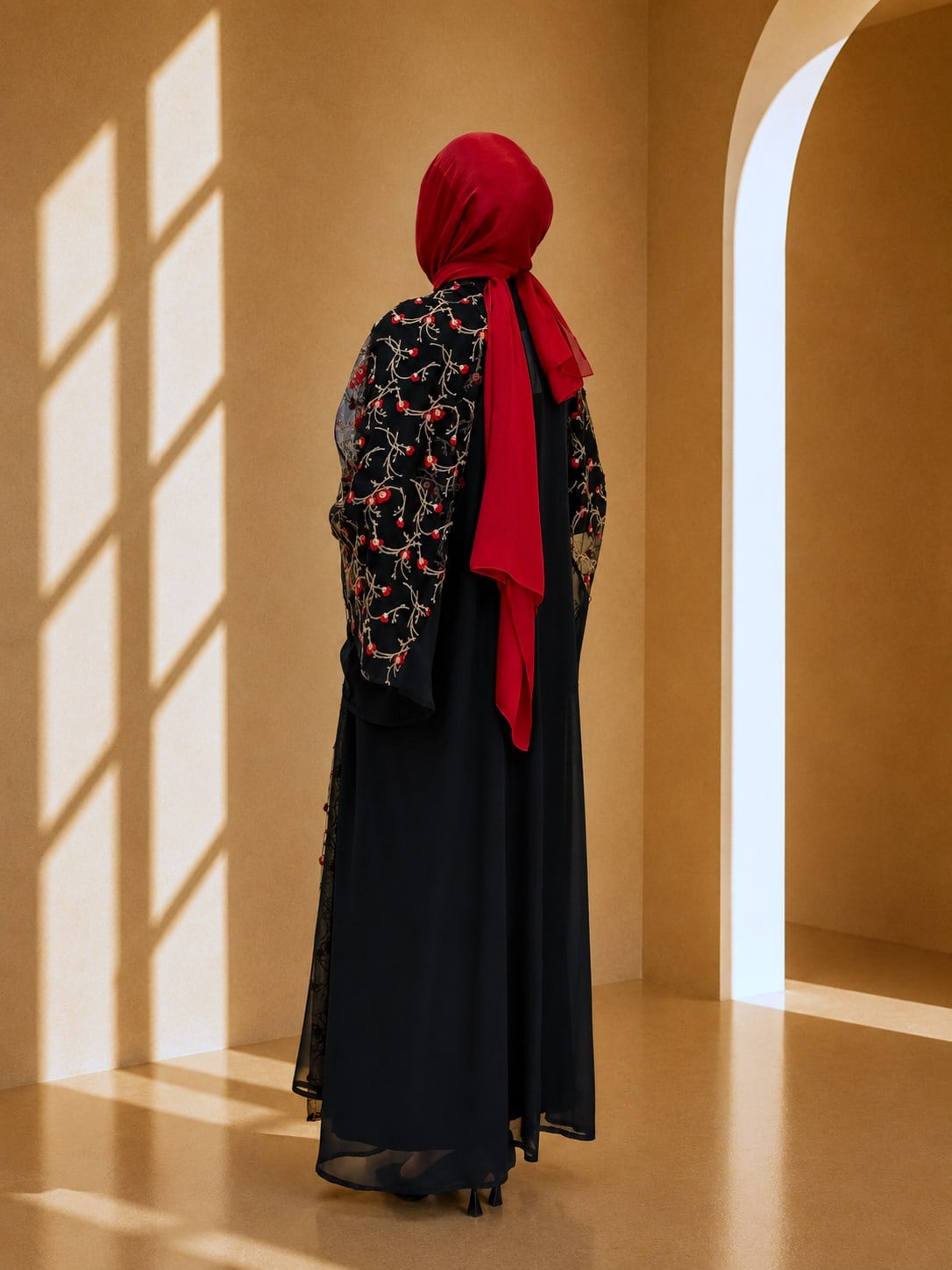 Büyük Beden Nakışlı Şifon Abaya Elbise Siyah-Kırmızı OTW130