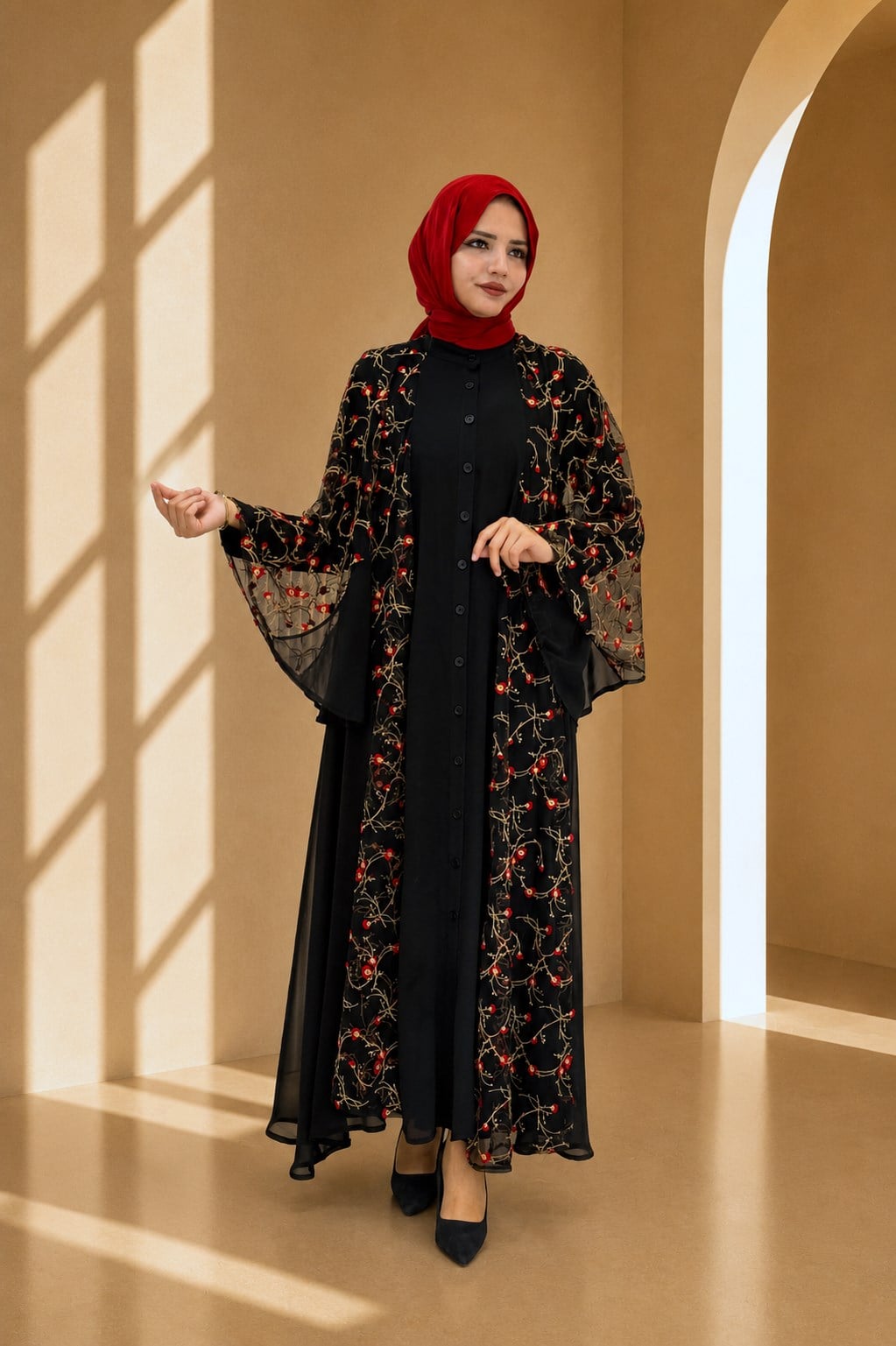 Büyük Beden Nakışlı Şifon Abaya Elbise Siyah-Kırmızı OTW130