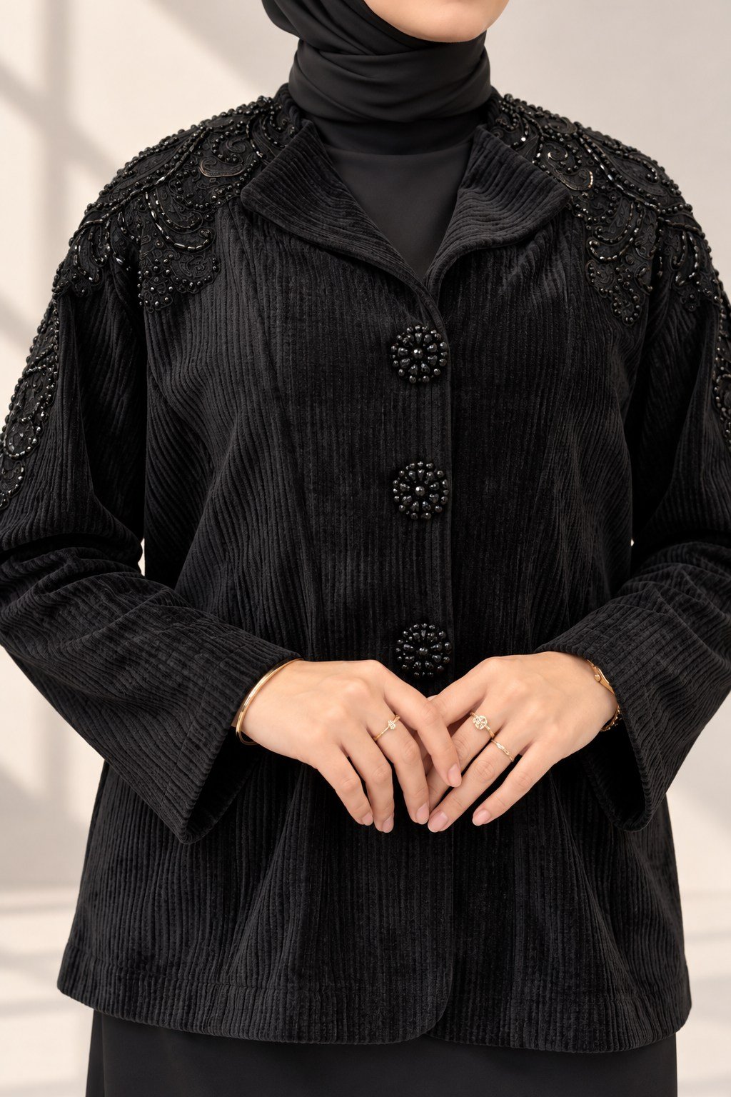 Büyük Beden Omuzları Boncuk İşlemeli Kadife Blazer Ceket Siyah OTW9272