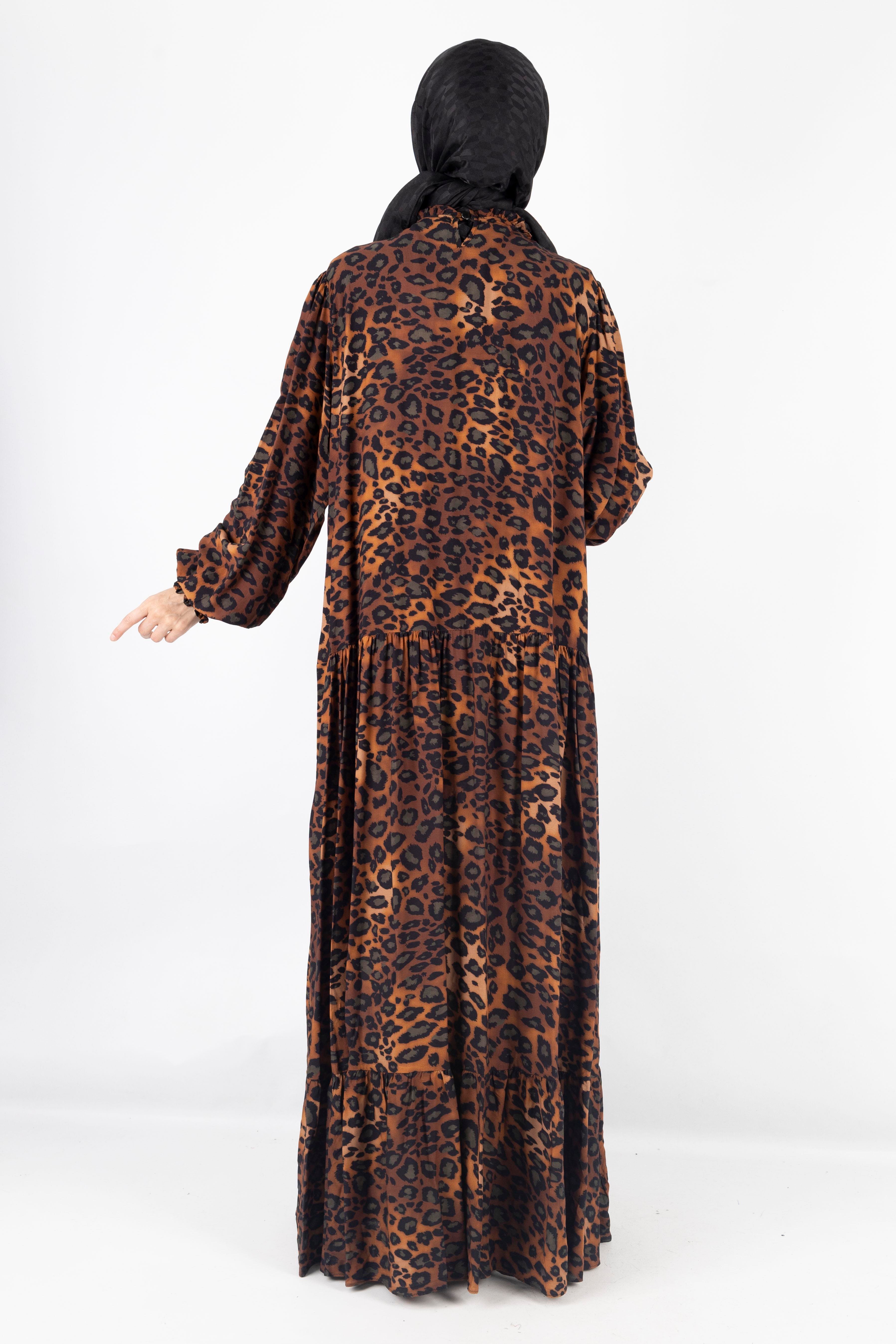 Büyük Beden Pamuk Viskon Leopar Desen Elbise Leopar OTW550