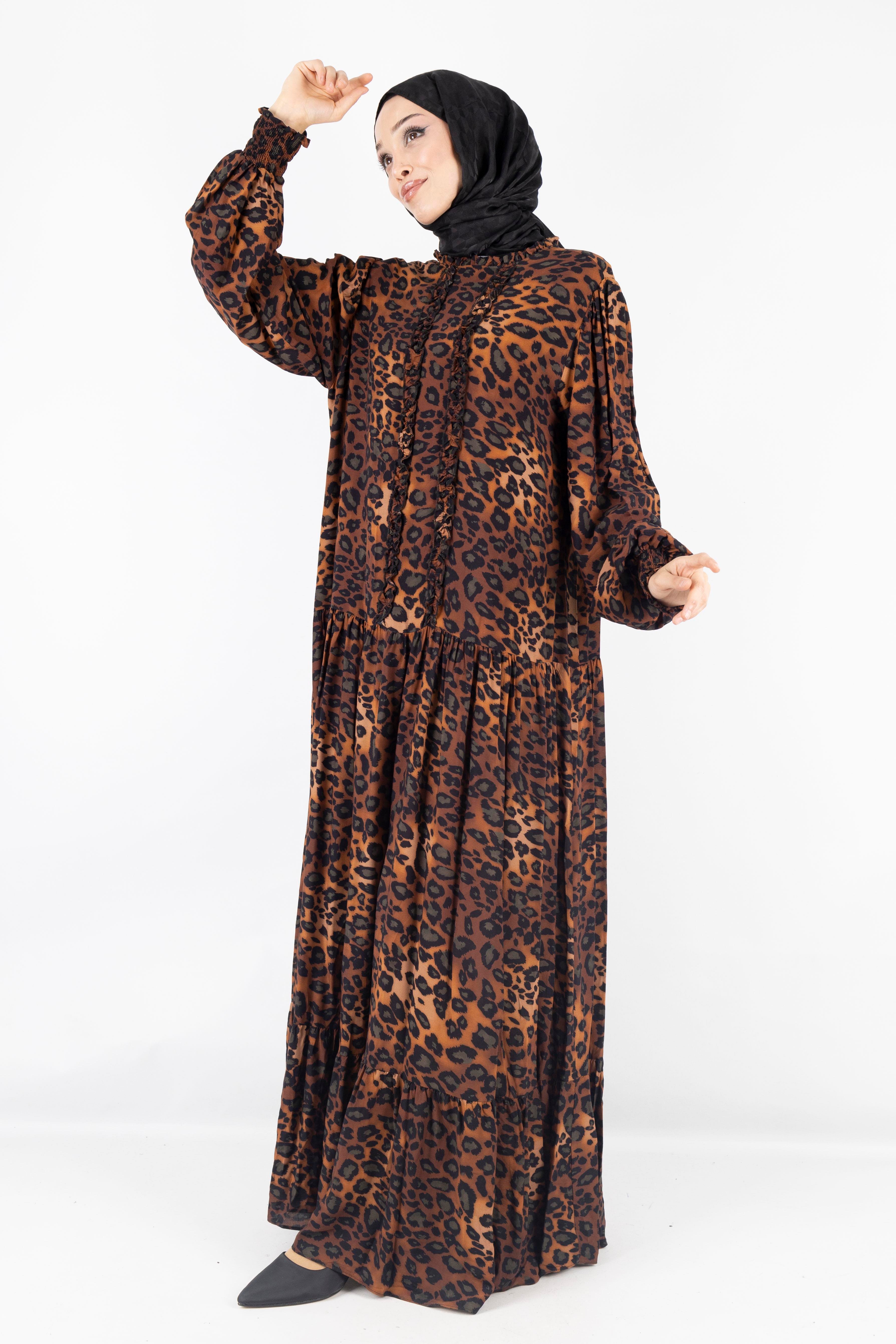 Büyük Beden Pamuk Viskon Leopar Desen Elbise Leopar OTW550