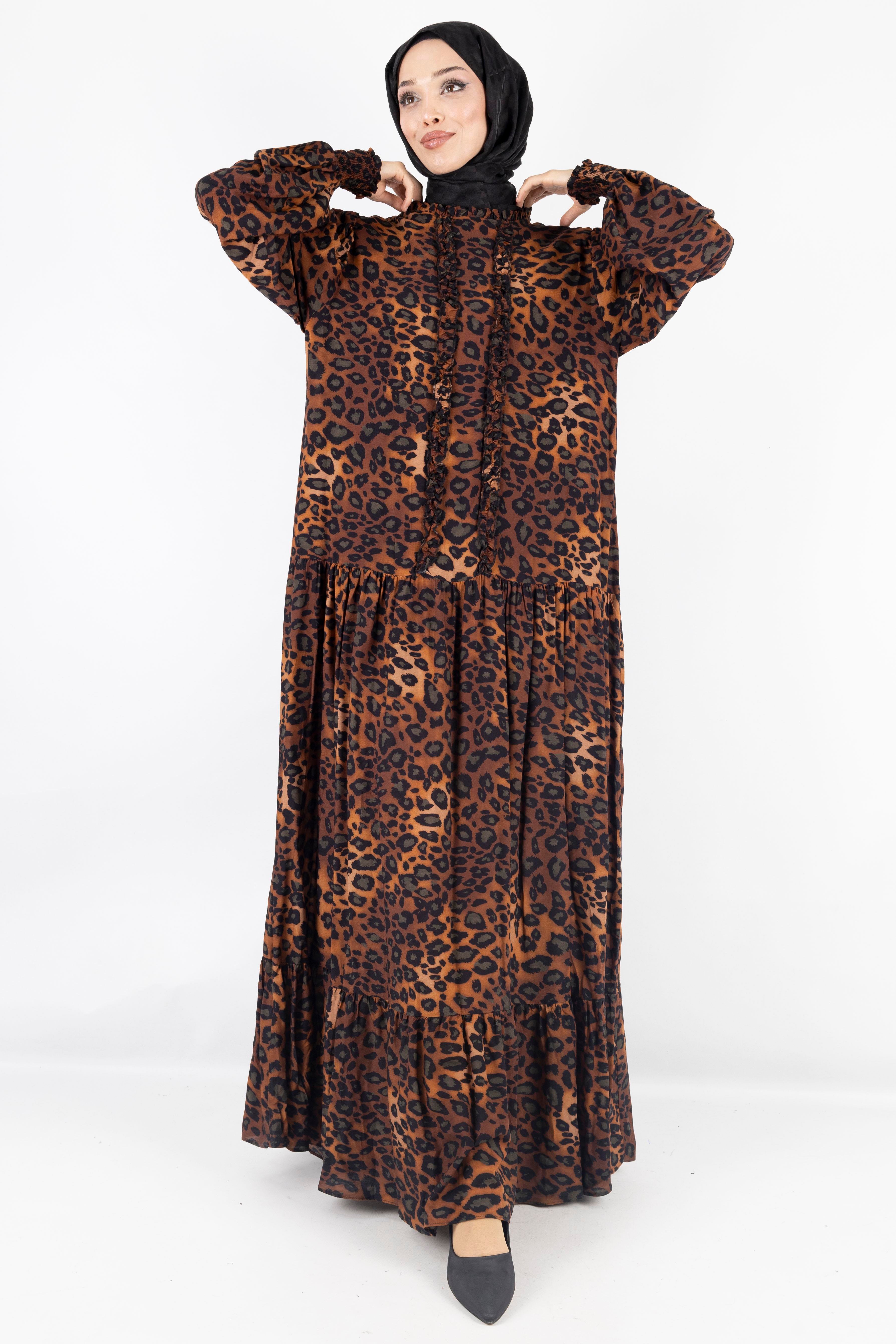 Büyük Beden Pamuk Viskon Leopar Desen Elbise Leopar OTW550