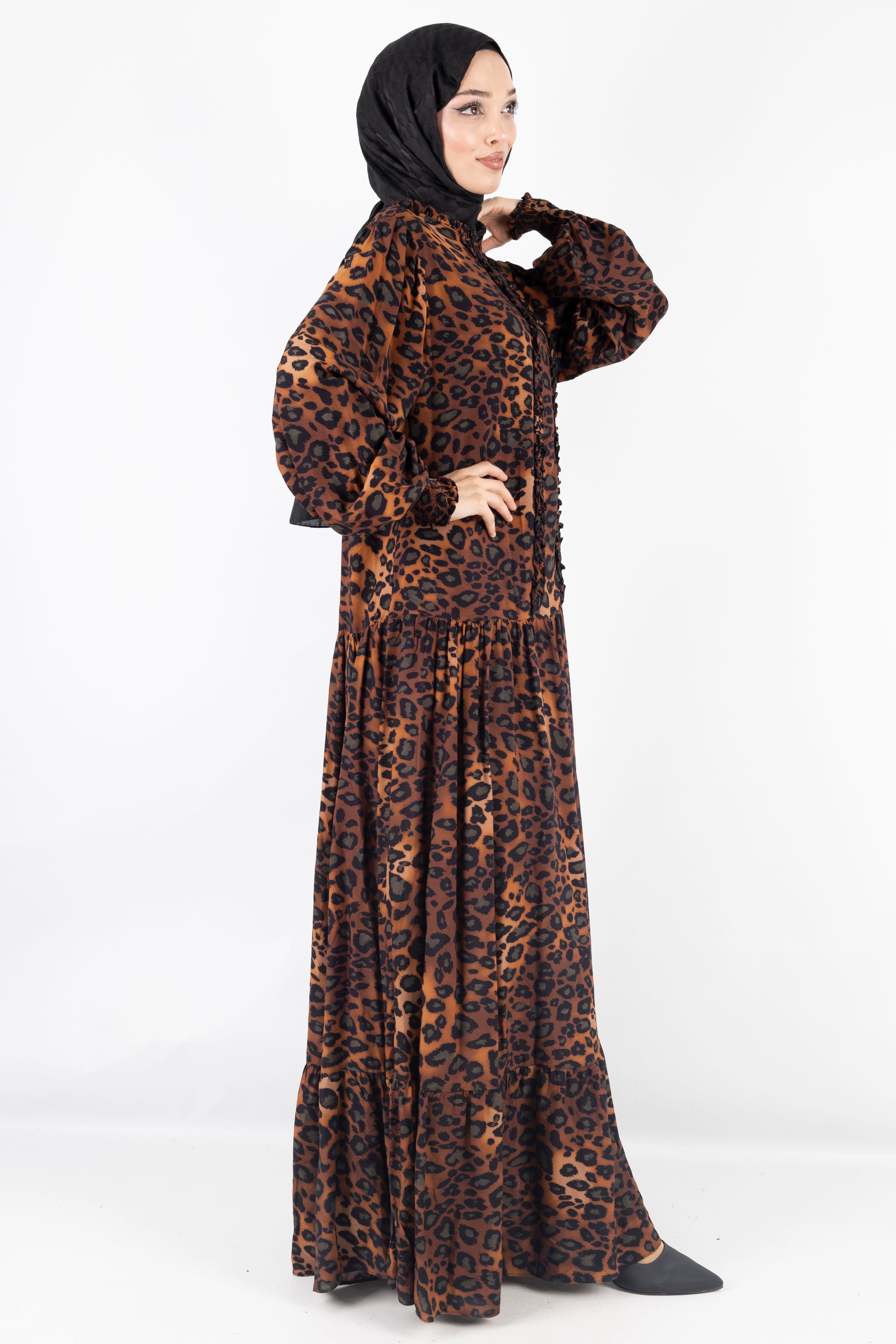 Büyük Beden Pamuk Viskon Leopar Desen Elbise Leopar OTW550