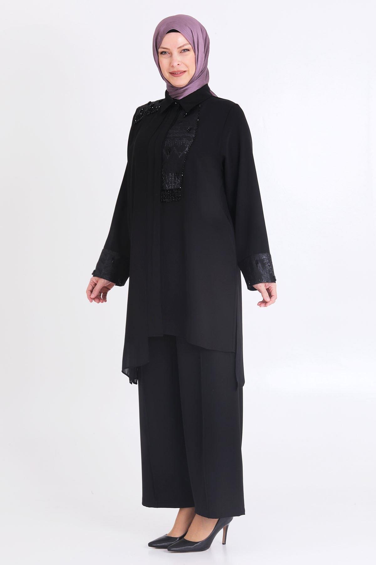 Büyük Beden Pantolonlu Takım Siyah OTW60023