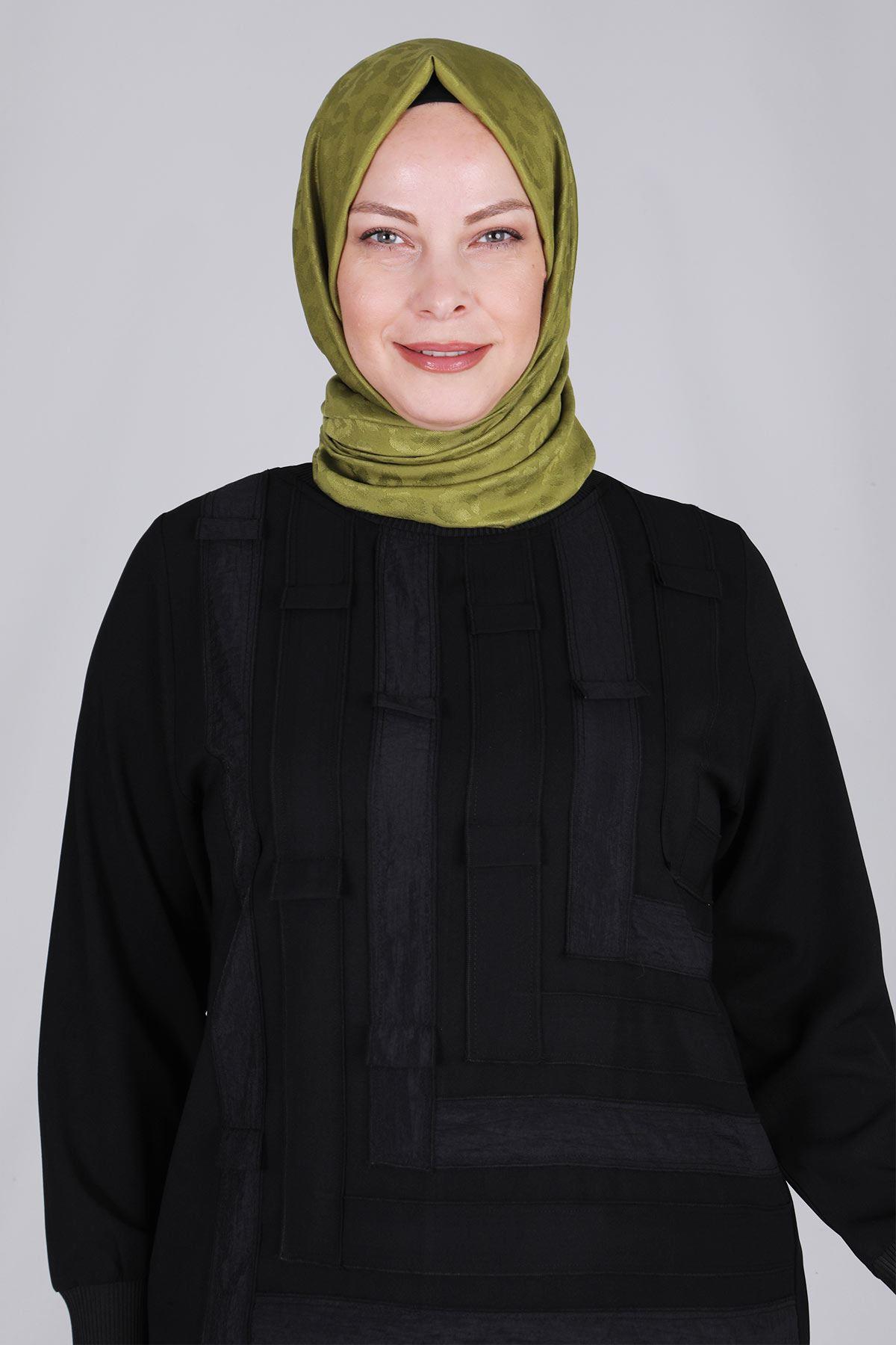 Büyük Beden Patchwork Pantolonlu Takım Siyah OTW35106