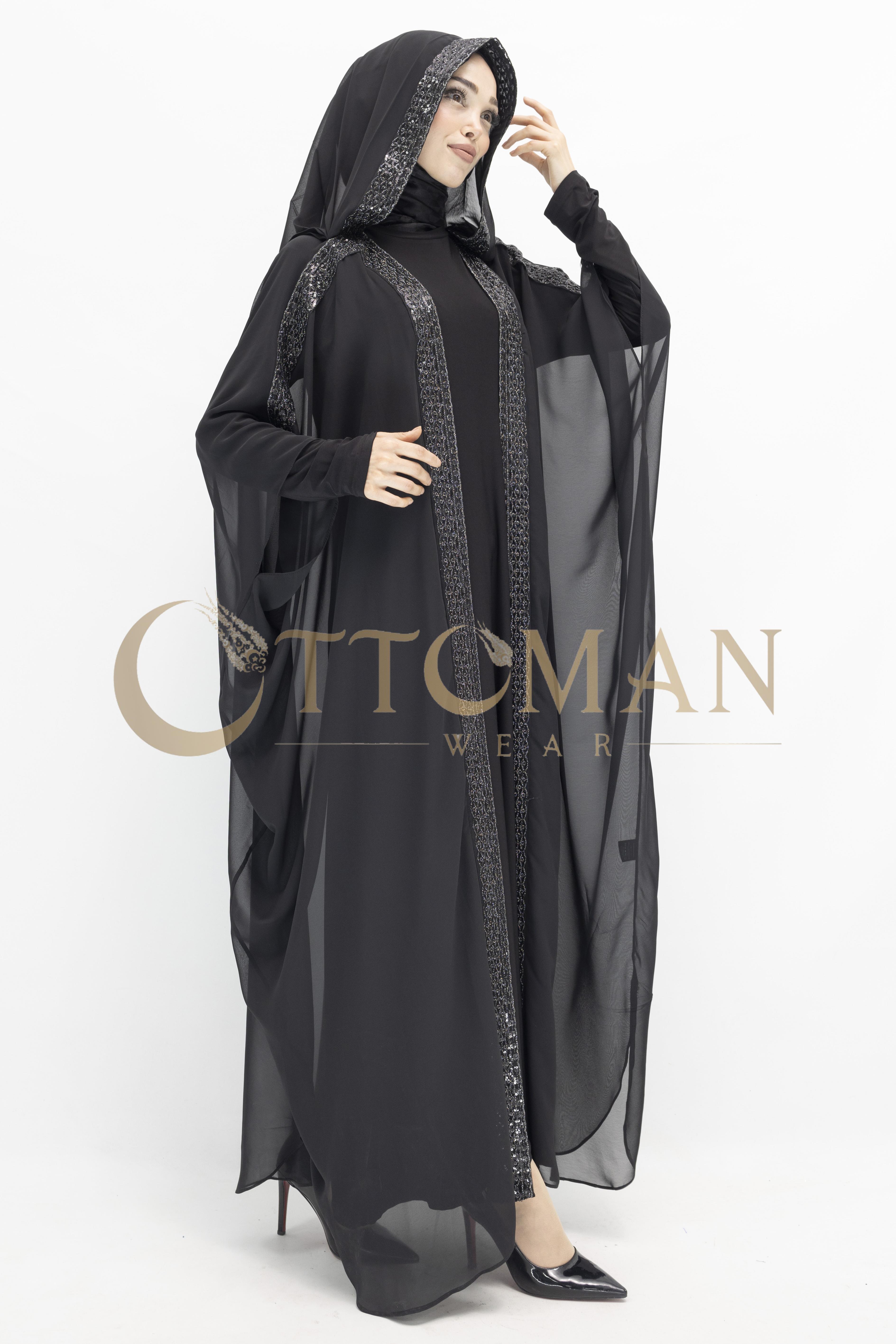 Büyük Beden Payetli Kapüşonlu Şifon Dubai Abaya Siyah-Gümüş OTW247
