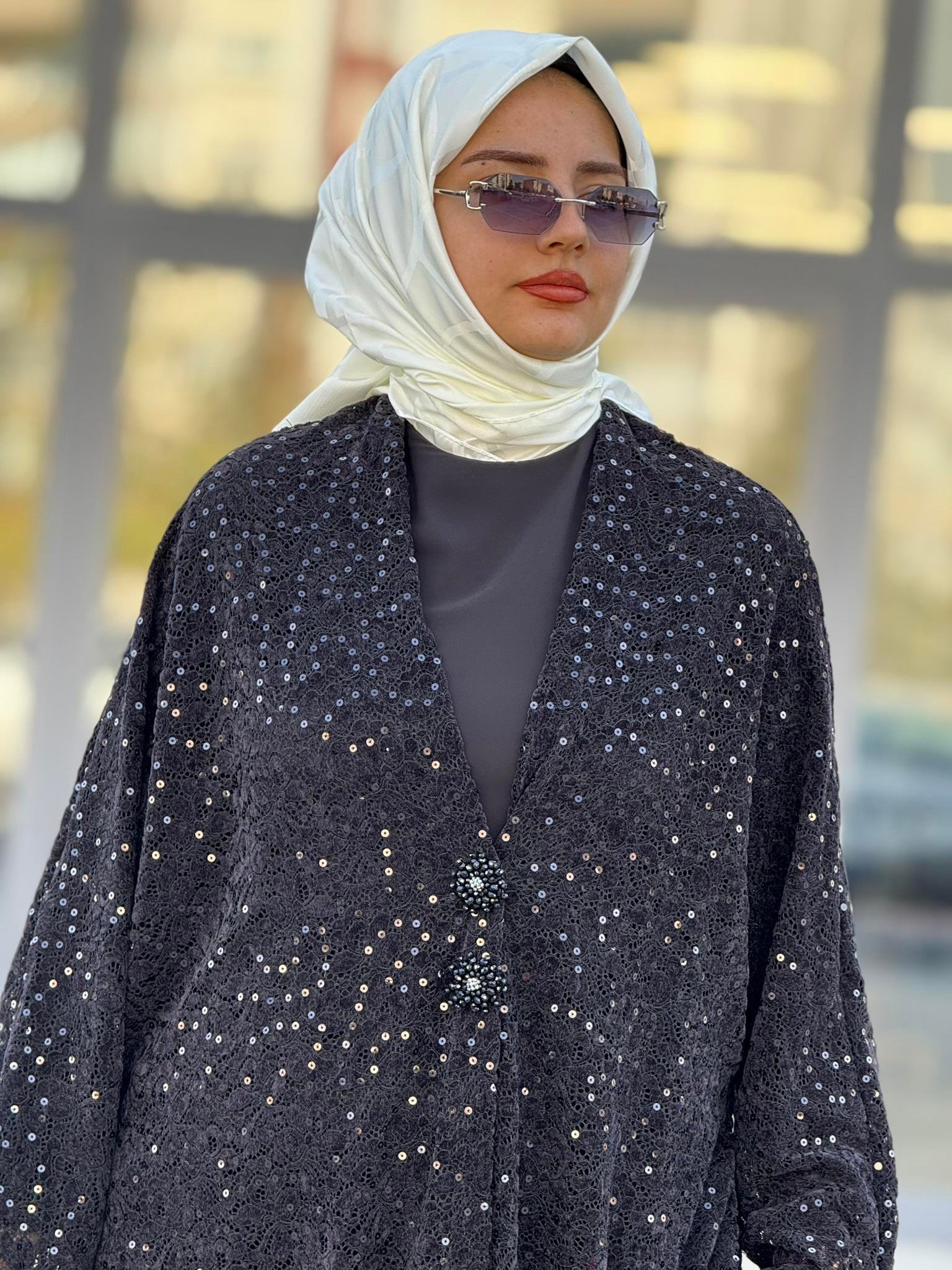 Büyük Beden Payetli Şık Abaya Ceket Siyah OTW9395