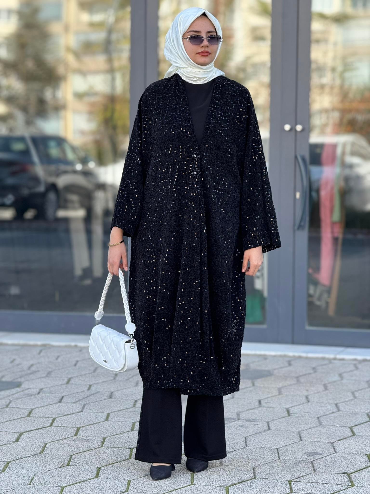 Büyük Beden Payetli Şık Abaya Ceket Siyah OTW9395