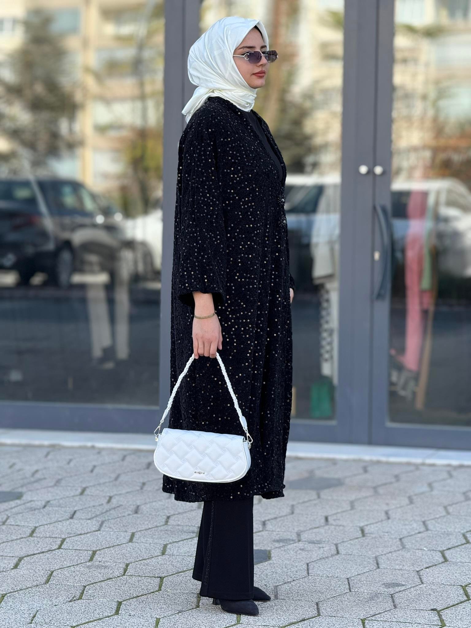 Büyük Beden Payetli Şık Abaya Ceket Siyah OTW9395