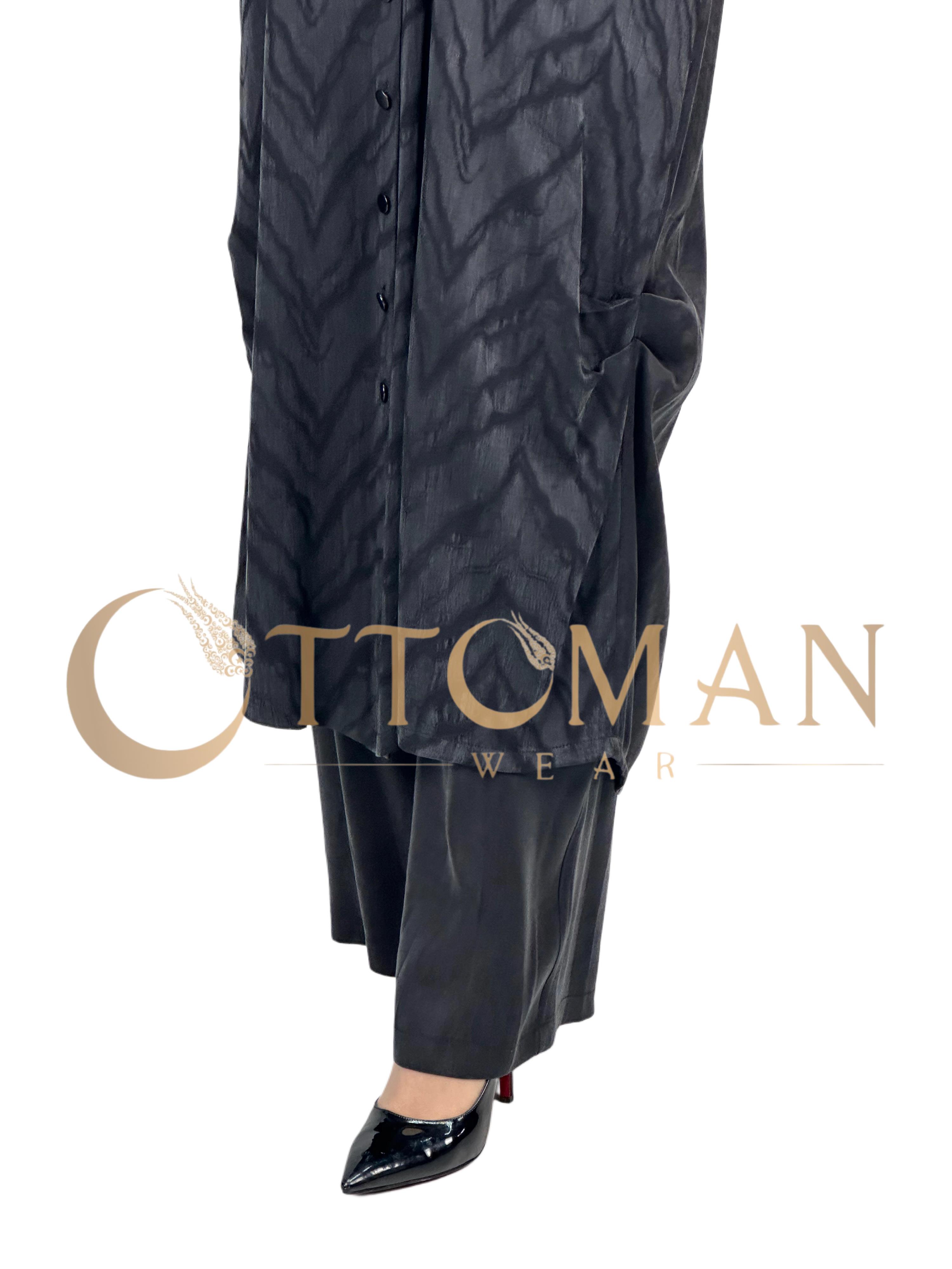 Büyük Beden Qupra Kumaş Uzun Gömlek Siyah OTW43407