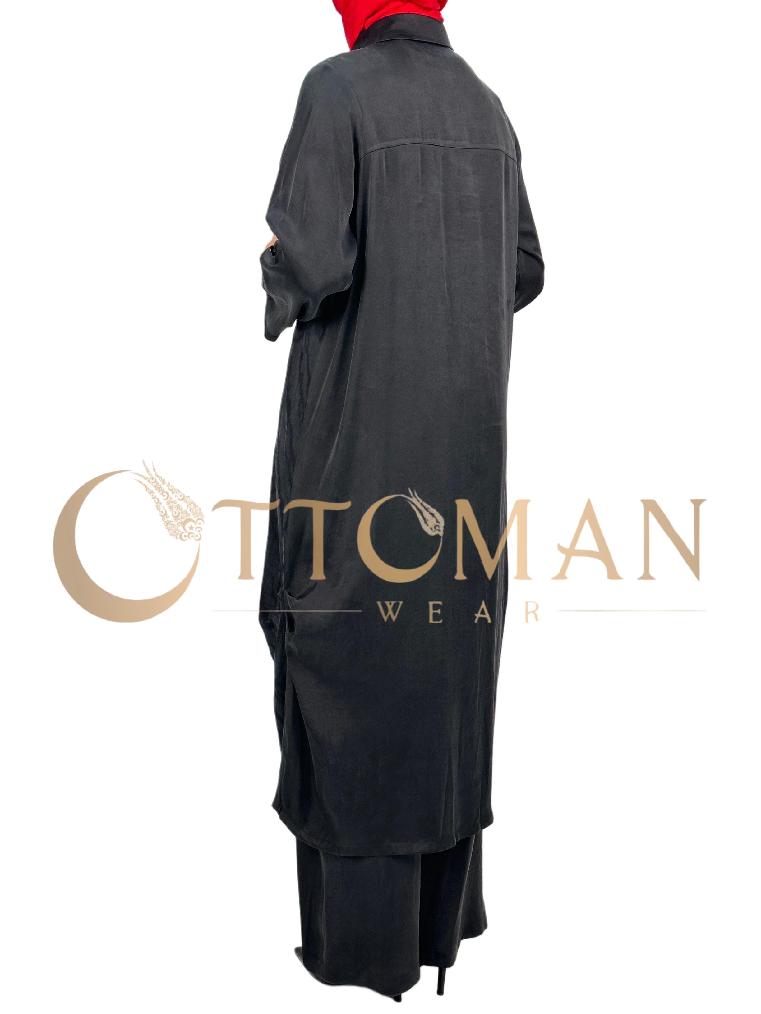 Büyük Beden Qupra Kumaş Uzun Gömlek Siyah OTW43407