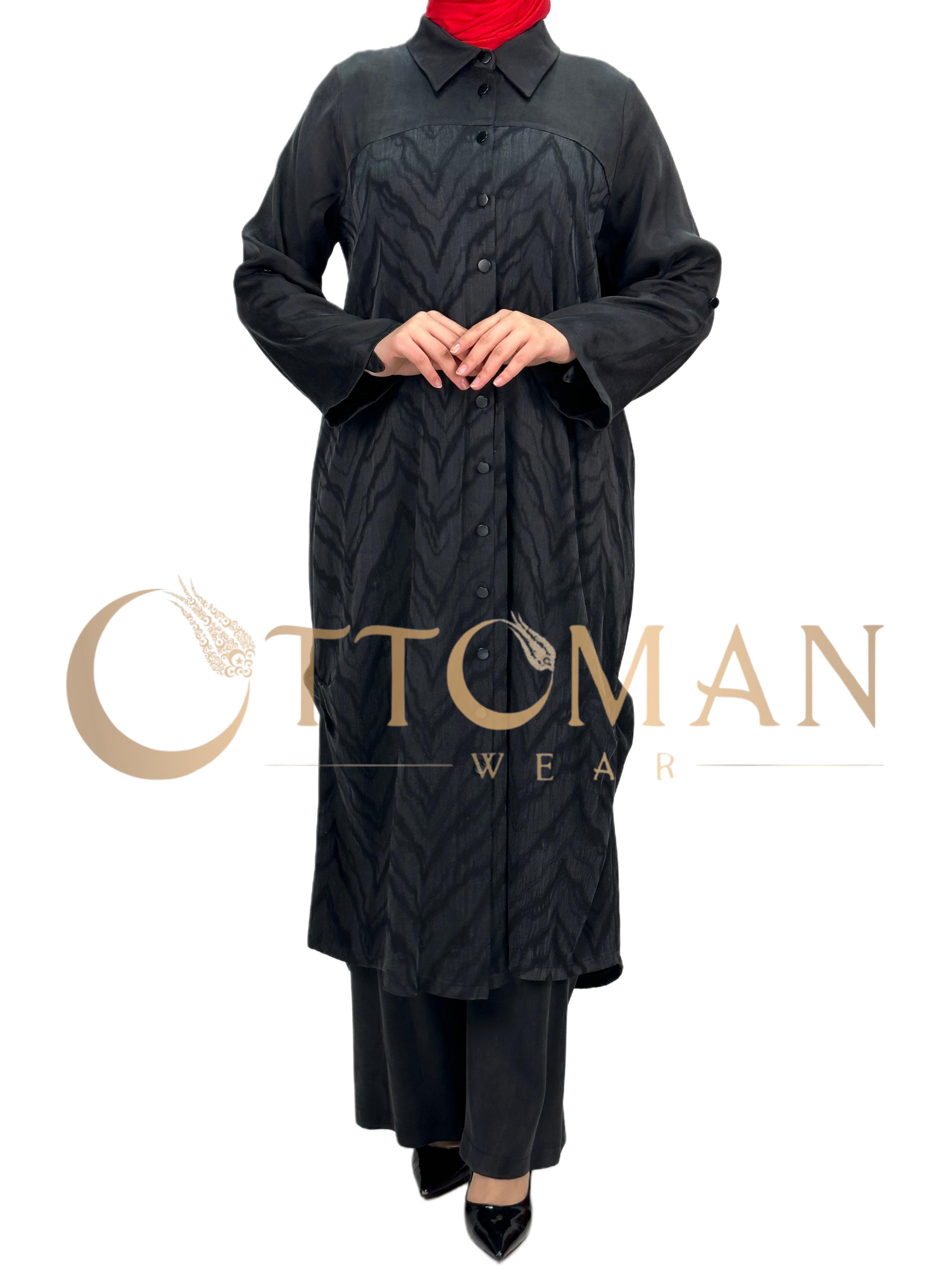 Büyük Beden Qupra Kumaş Uzun Gömlek Siyah OTW43407