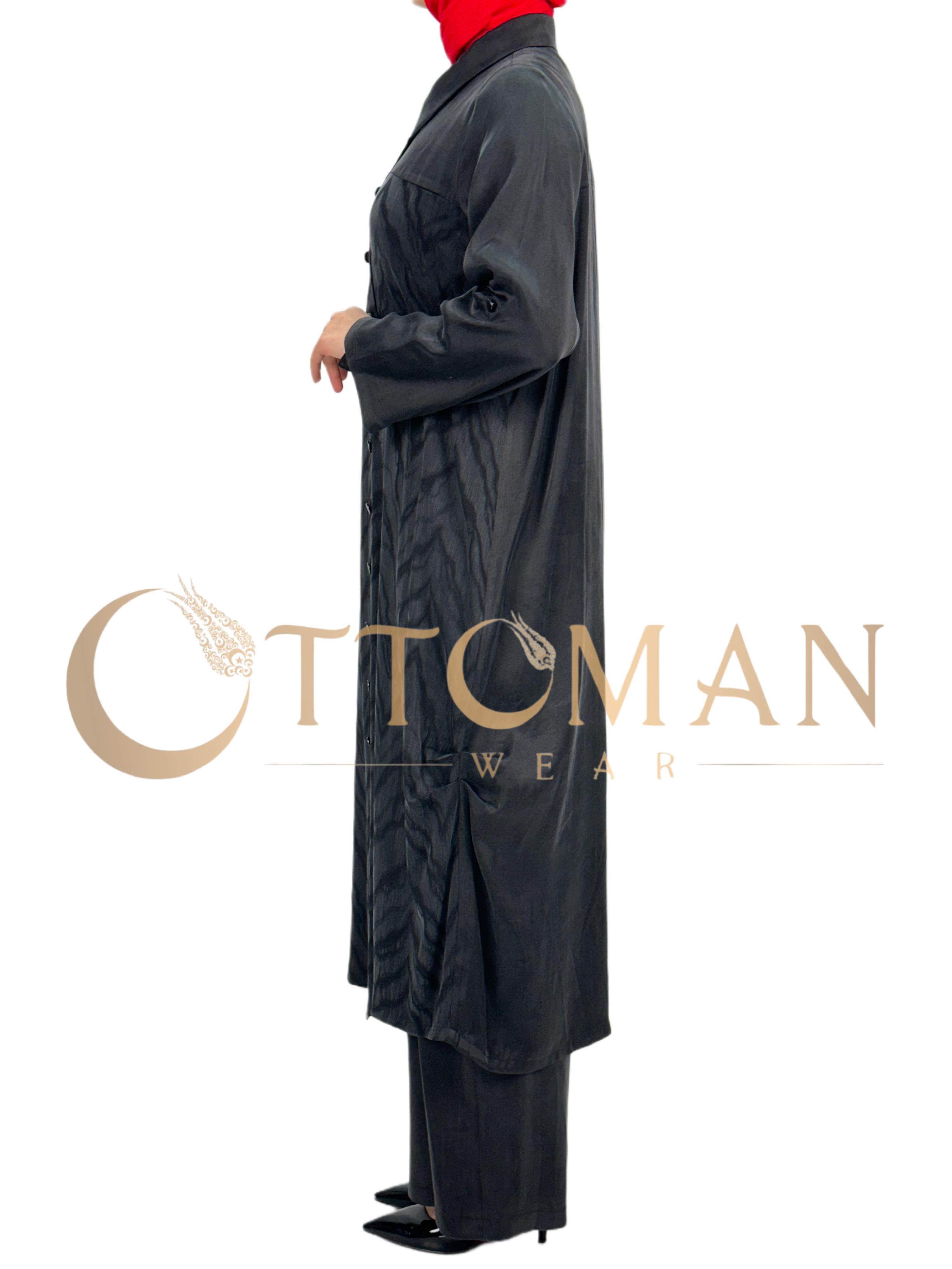 Büyük Beden Qupra Kumaş Uzun Gömlek Siyah OTW43407