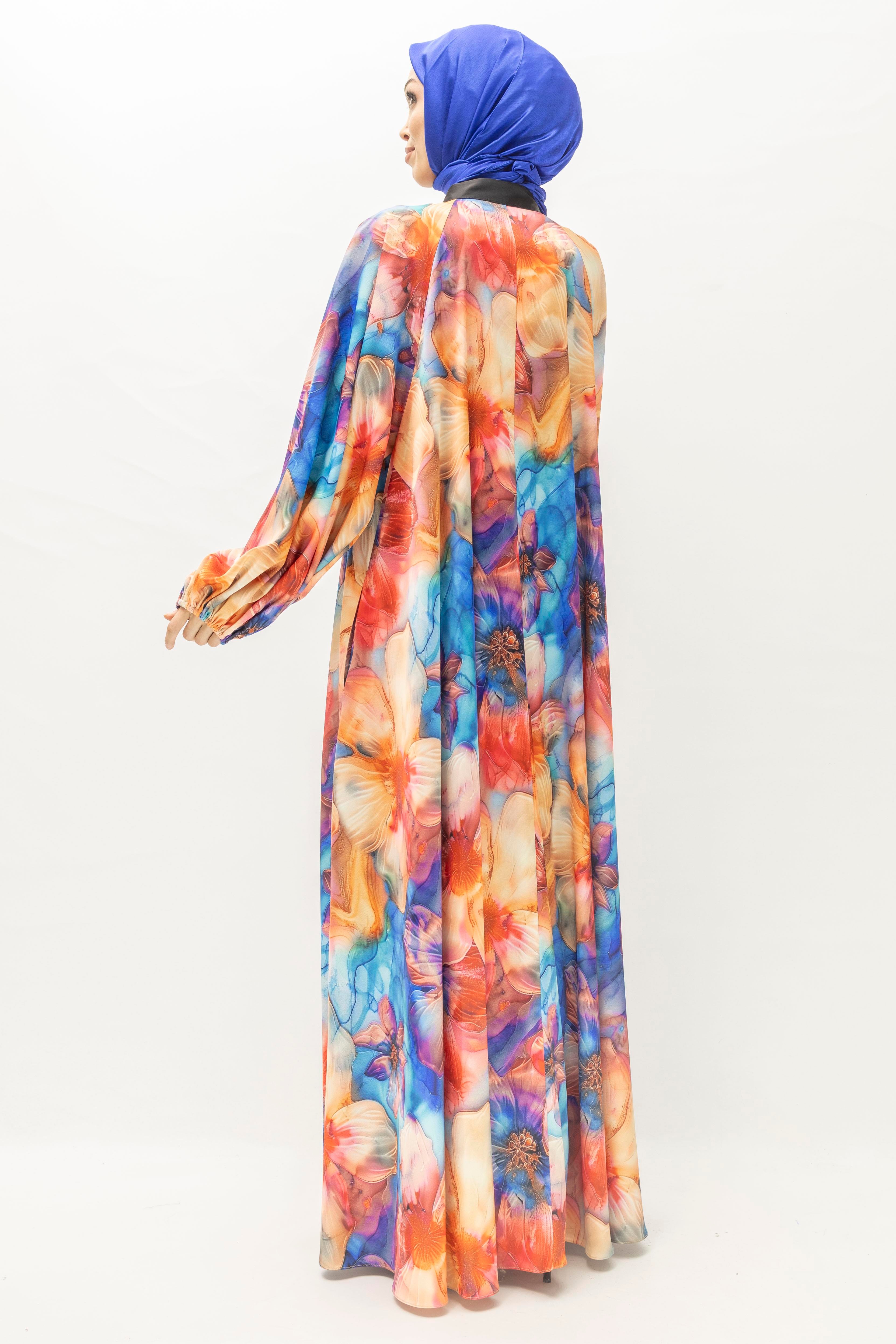 Büyük Beden Renkli Çiçek Desenli Elbise Mavi-Desenli OTW452