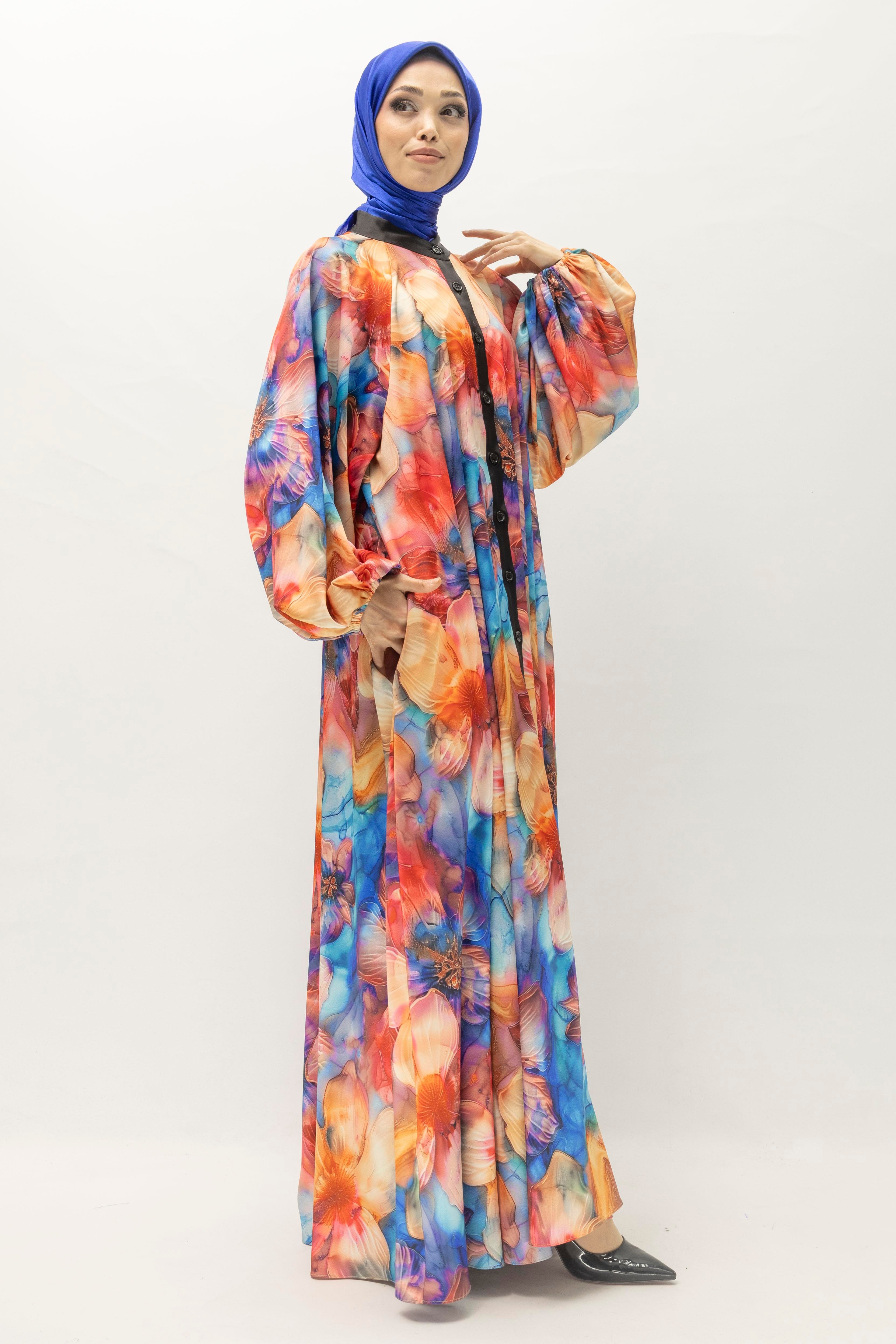 Büyük Beden Renkli Çiçek Desenli Elbise Mavi-Desenli OTW452