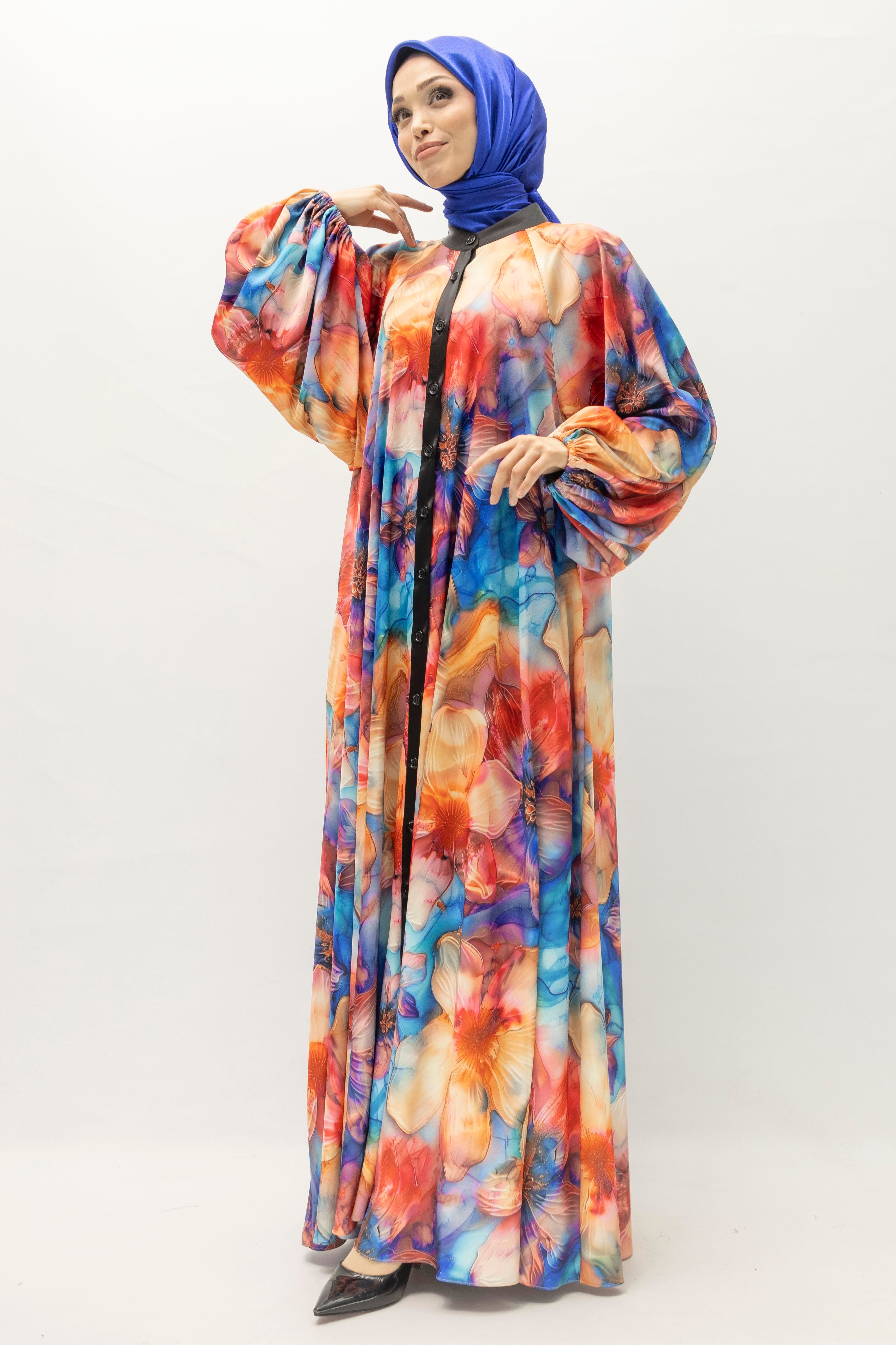 Büyük Beden Renkli Çiçek Desenli Elbise Mavi-Desenli OTW452