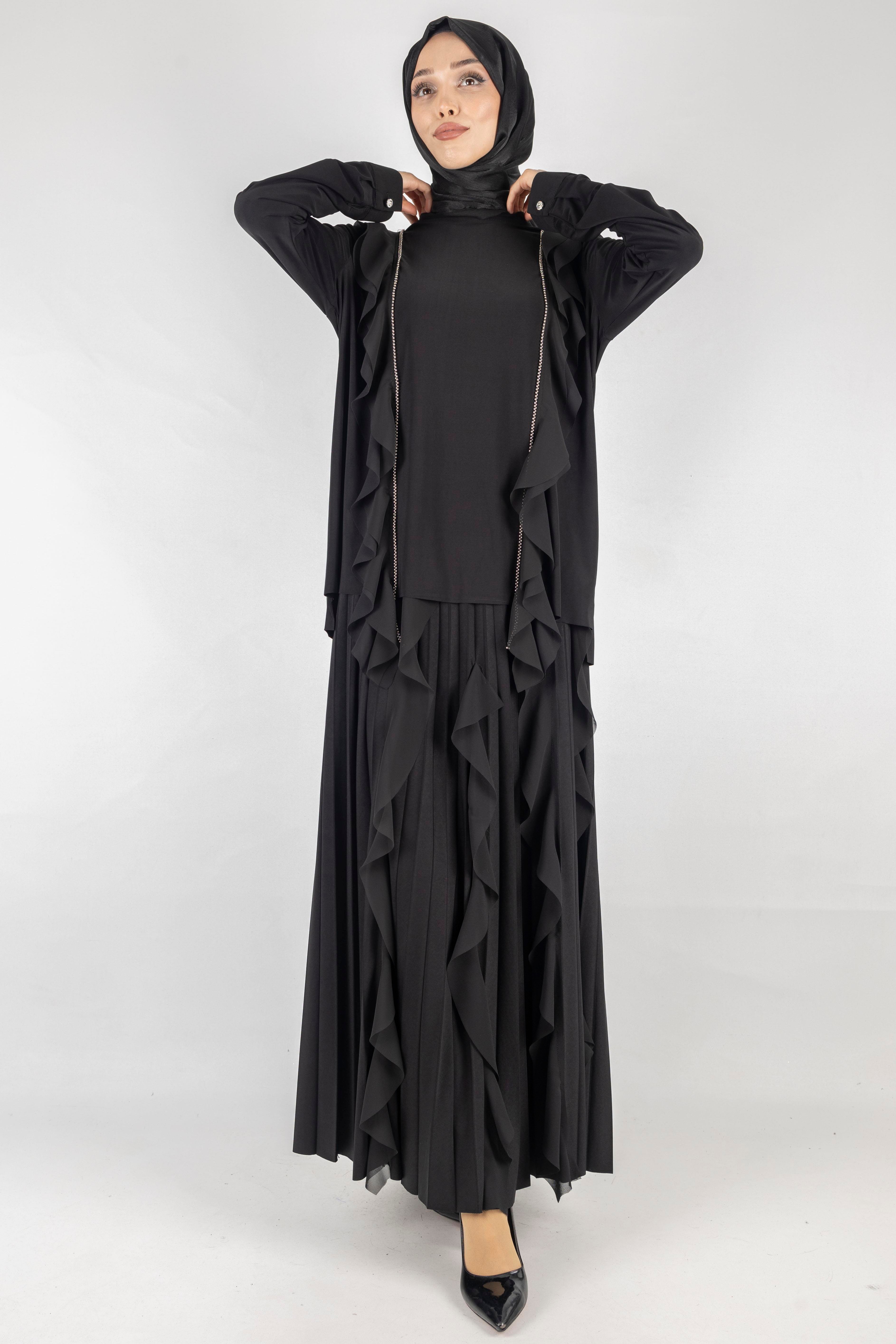 Büyük Beden Şifon Detaylı Sandy Kumaş Etekli Takım Siyah OTW1049