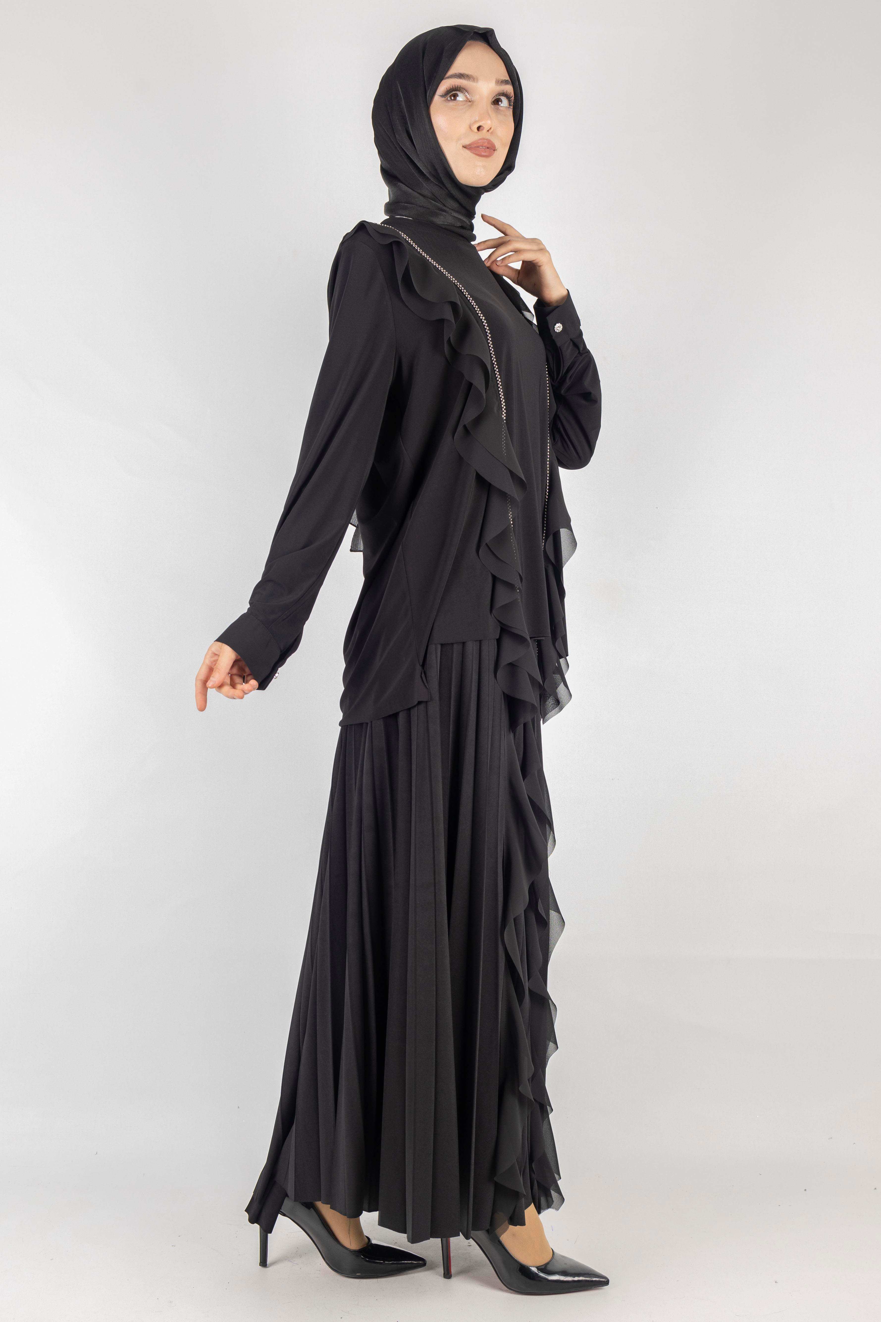 Büyük Beden Şifon Detaylı Sandy Kumaş Etekli Takım Siyah OTW1049