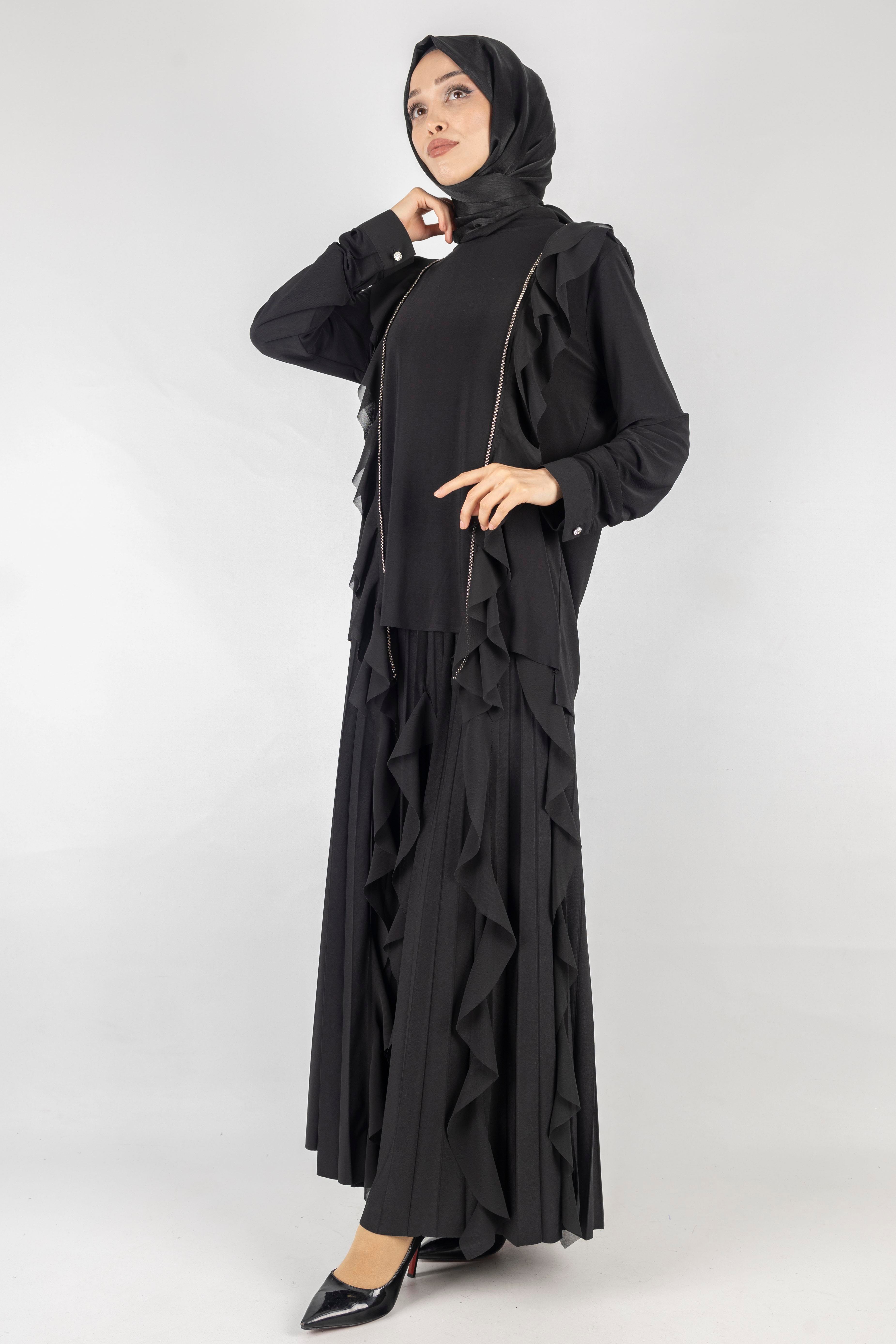 Büyük Beden Şifon Detaylı Sandy Kumaş Etekli Takım Siyah OTW1049