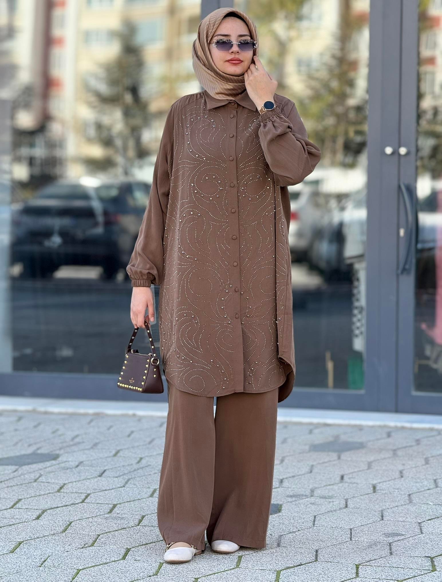 Büyük Beden Şık Tensel Tesettür Takım Kahve OTW45838