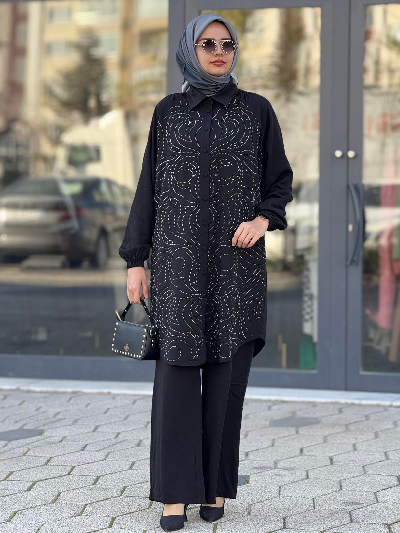 Büyük Beden Şık Tensel Tesettür Takım Siyah OTW45838