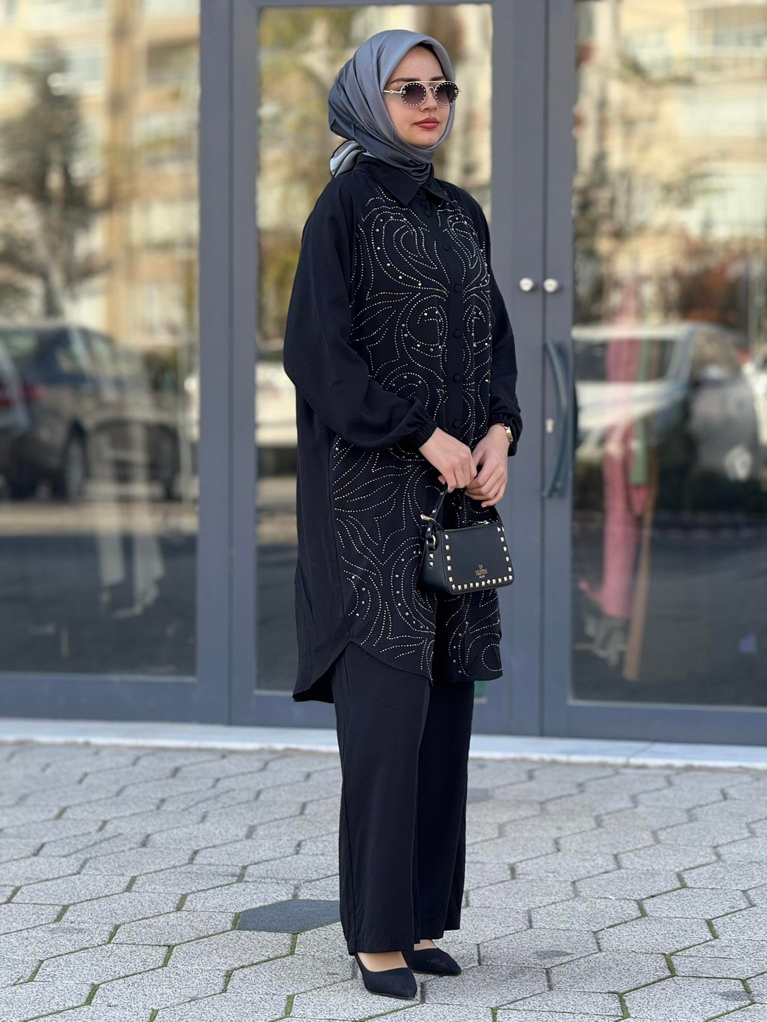 Büyük Beden Şık Tensel Tesettür Takım Siyah OTW45838