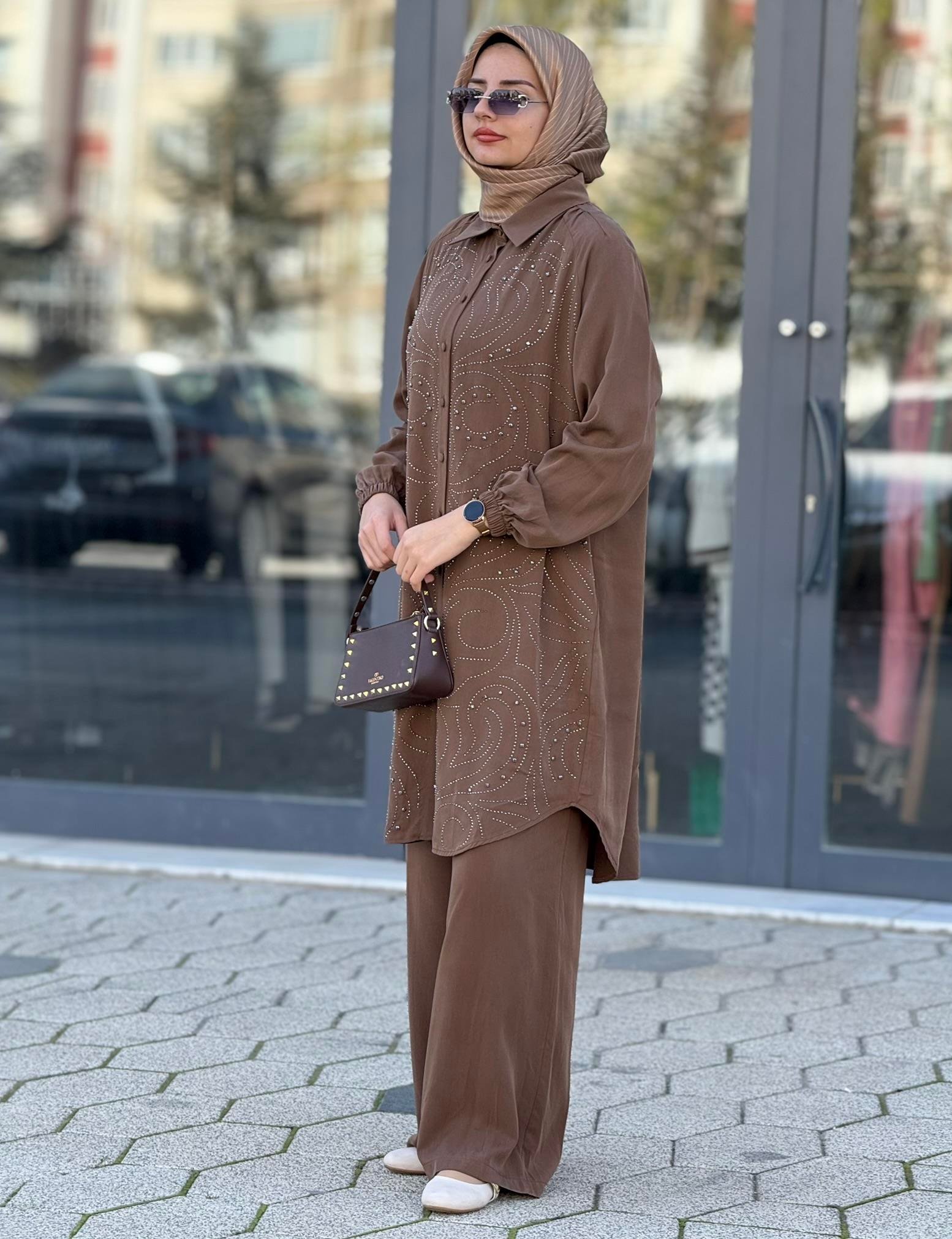 Büyük Beden Şık Tensel Tesettür Takım Kahve OTW45838