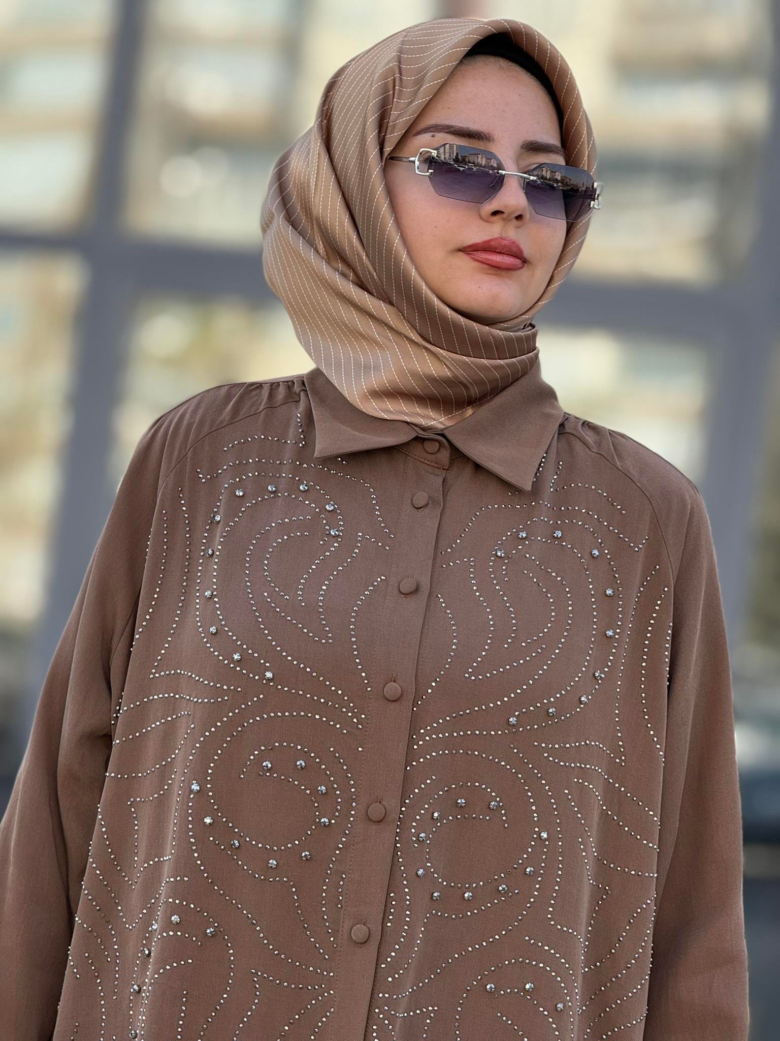 Büyük Beden Şık Tensel Tesettür Takım Kahve OTW45838