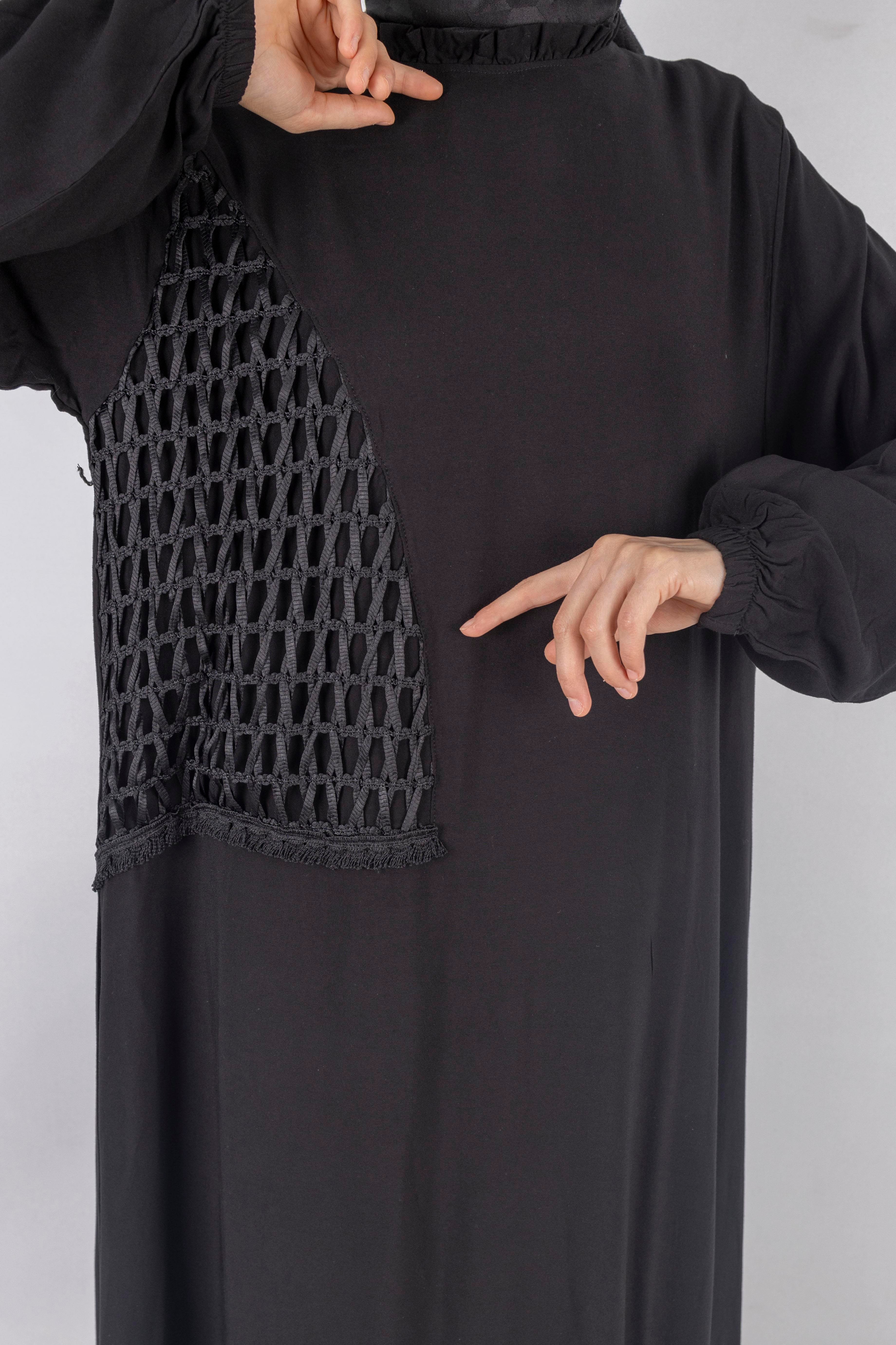 Büyük Beden Siyah File Detaylı Viskon Elbise Siyah OTW444