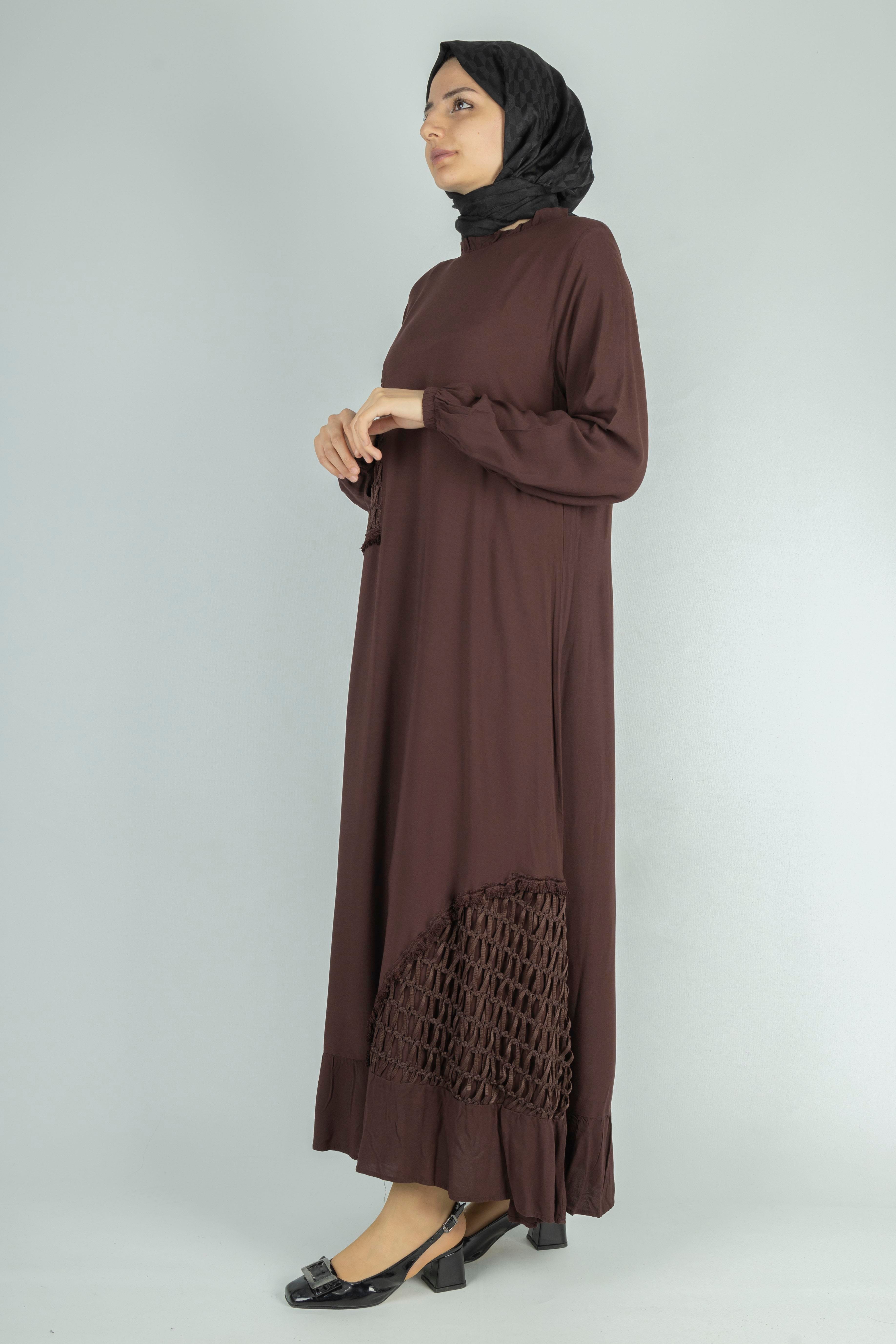 Büyük Beden Siyah File Detaylı Viskon Elbise Kahve OTW444