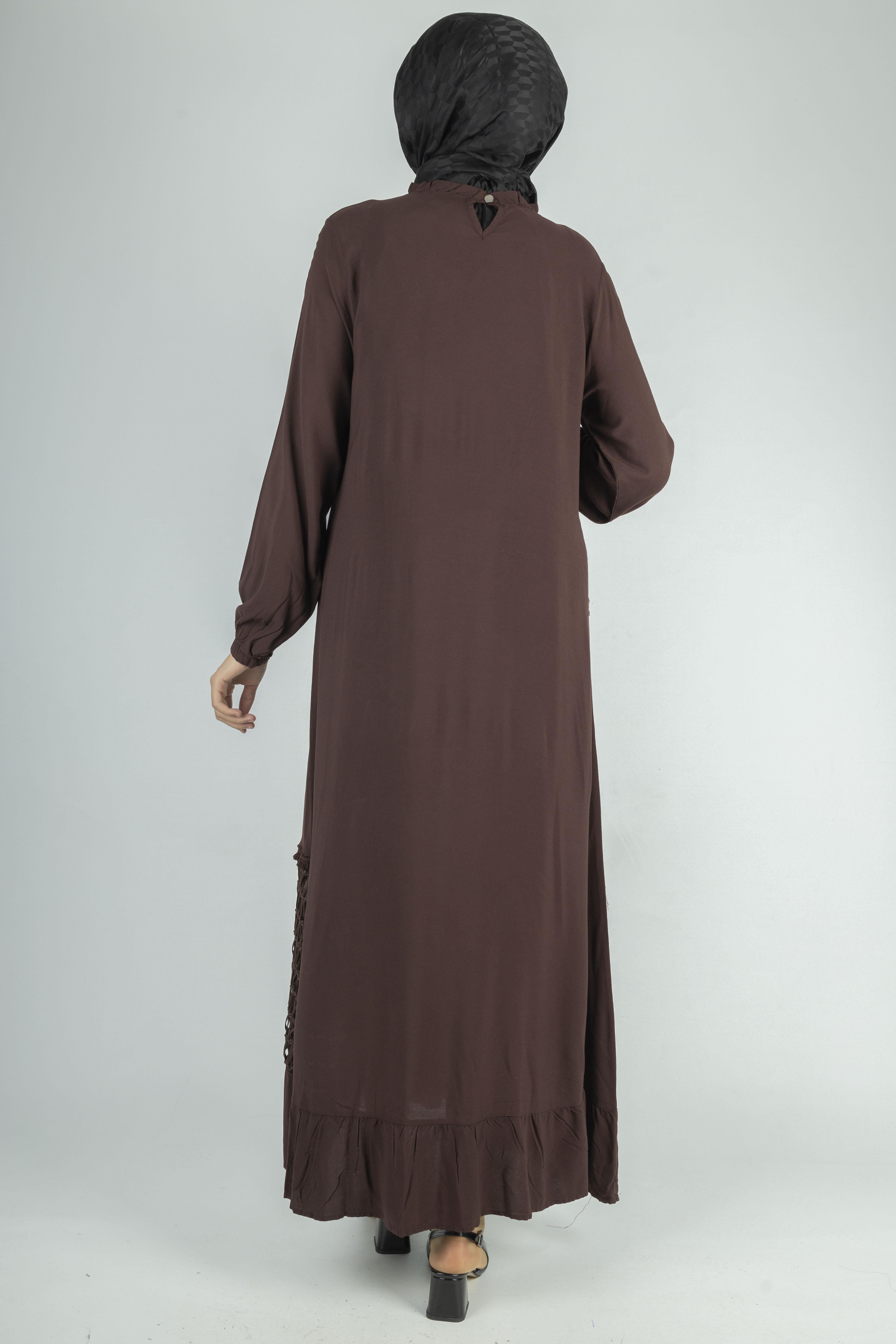 Büyük Beden Siyah File Detaylı Viskon Elbise Kahve OTW444