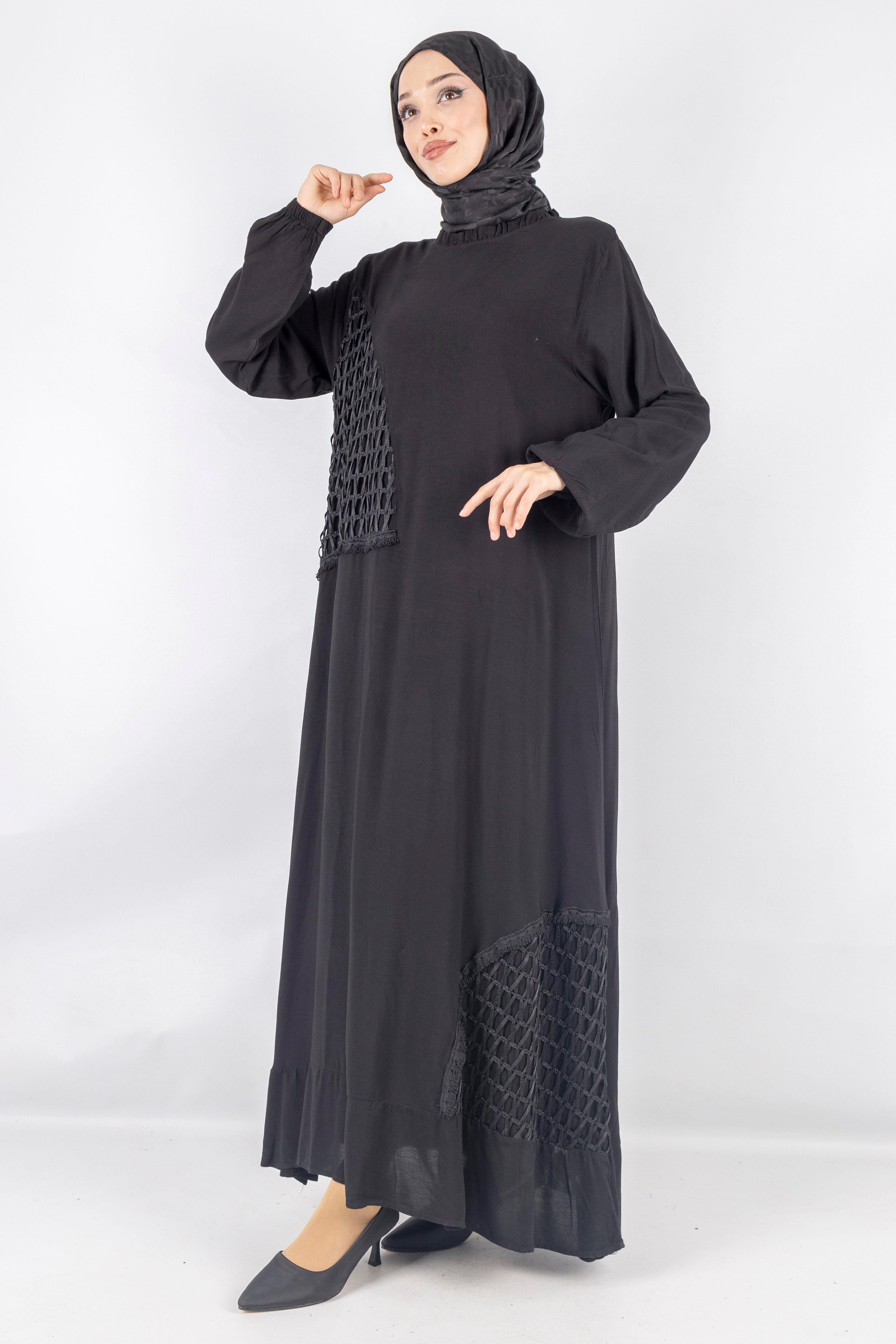 Büyük Beden Siyah File Detaylı Viskon Elbise Siyah OTW444