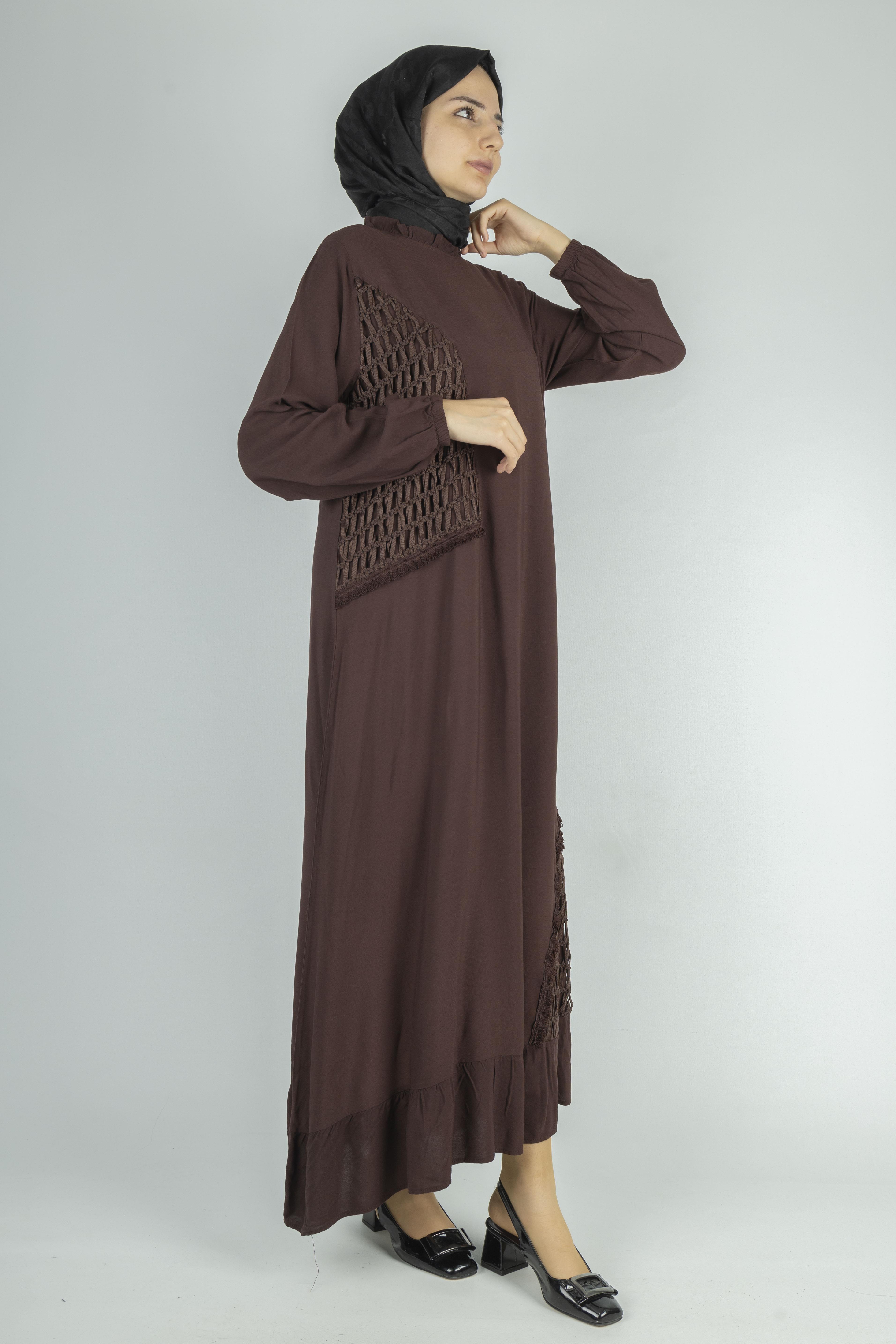 Büyük Beden Siyah File Detaylı Viskon Elbise Kahve OTW444