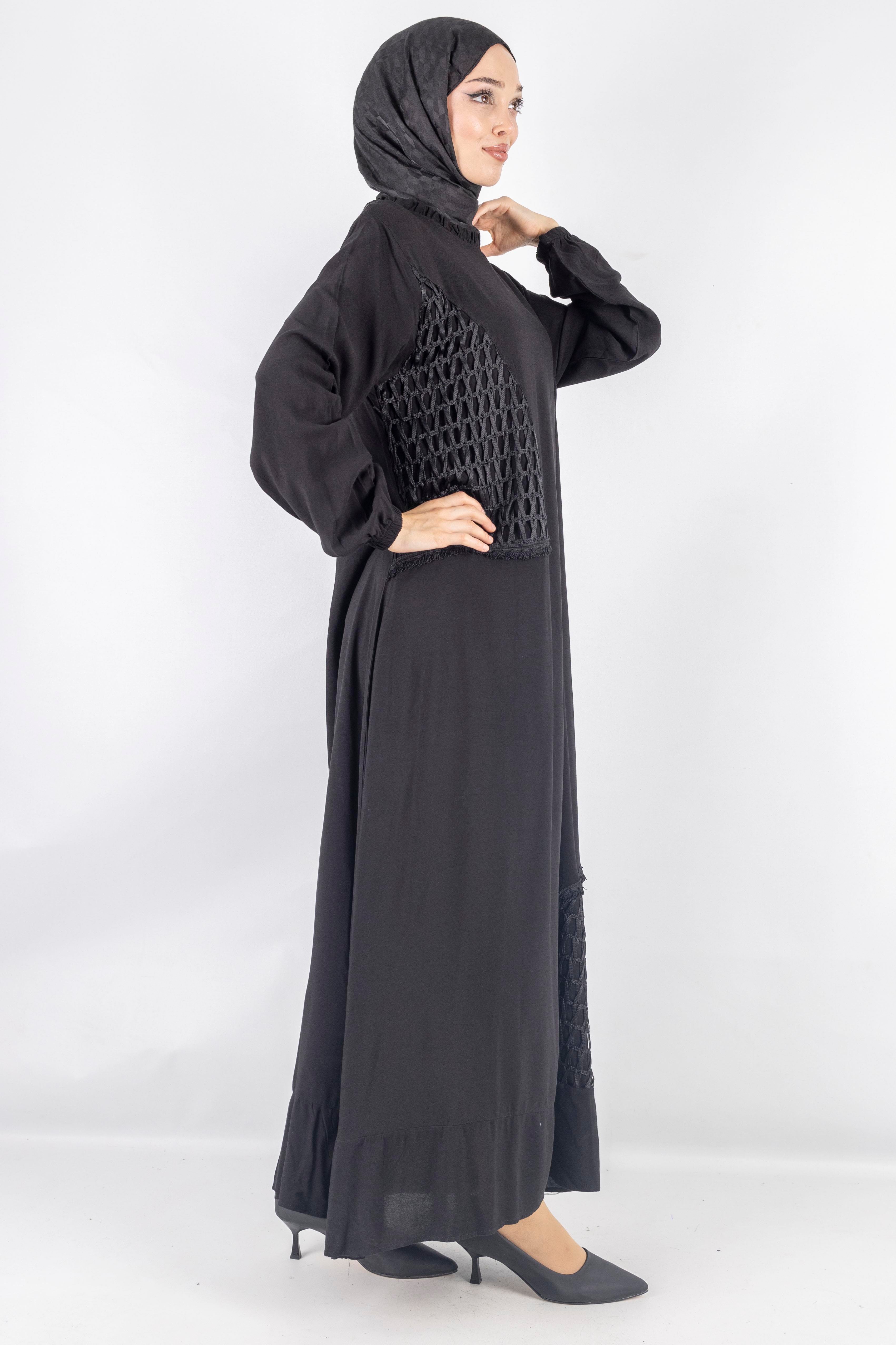 Büyük Beden Siyah File Detaylı Viskon Elbise Siyah OTW444